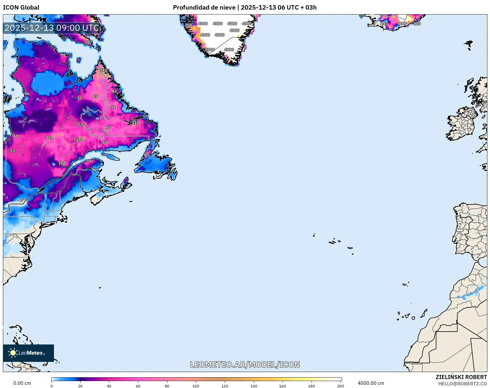 ICON model - Norte Atlántico, Profundidad de nieve