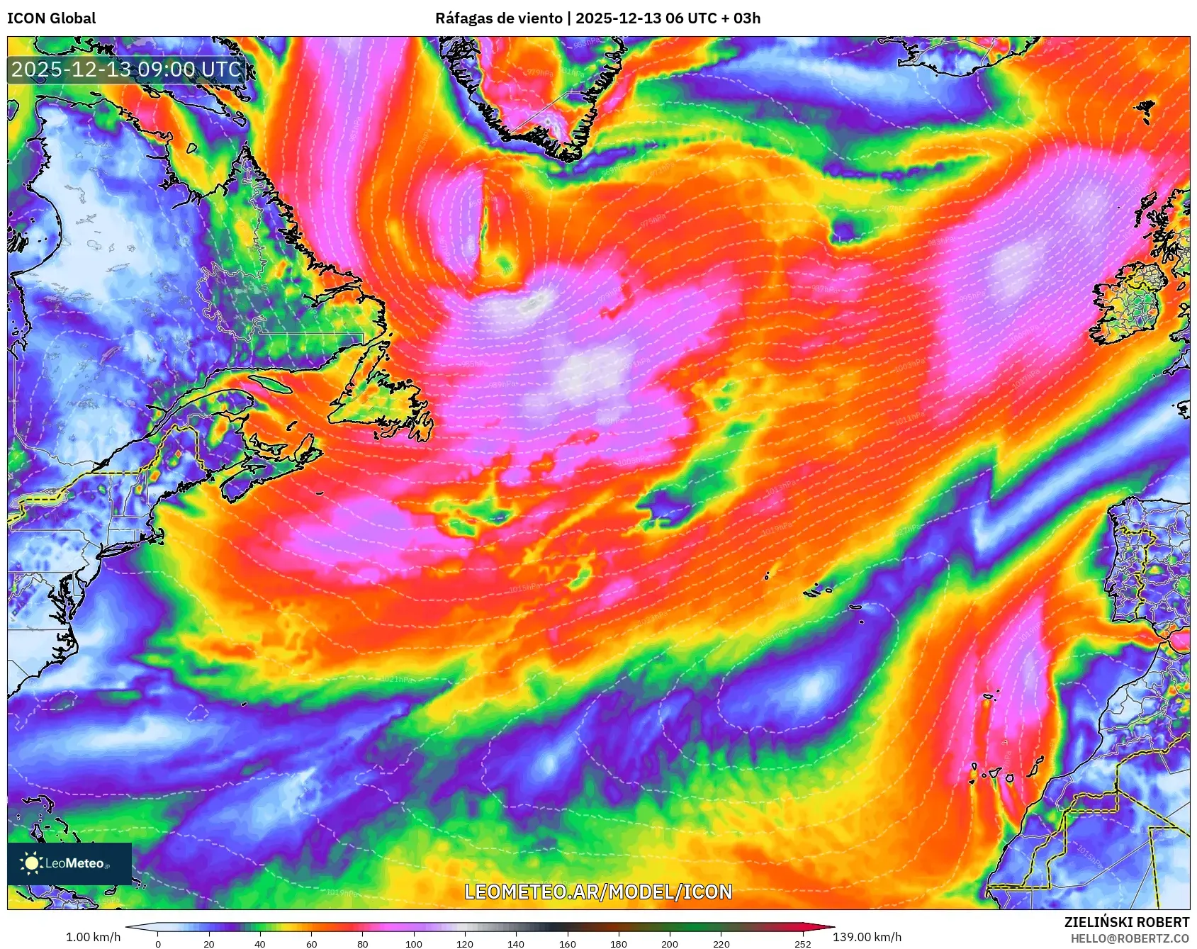 ICON model - Norte Atlántico, Ráfagas de viento