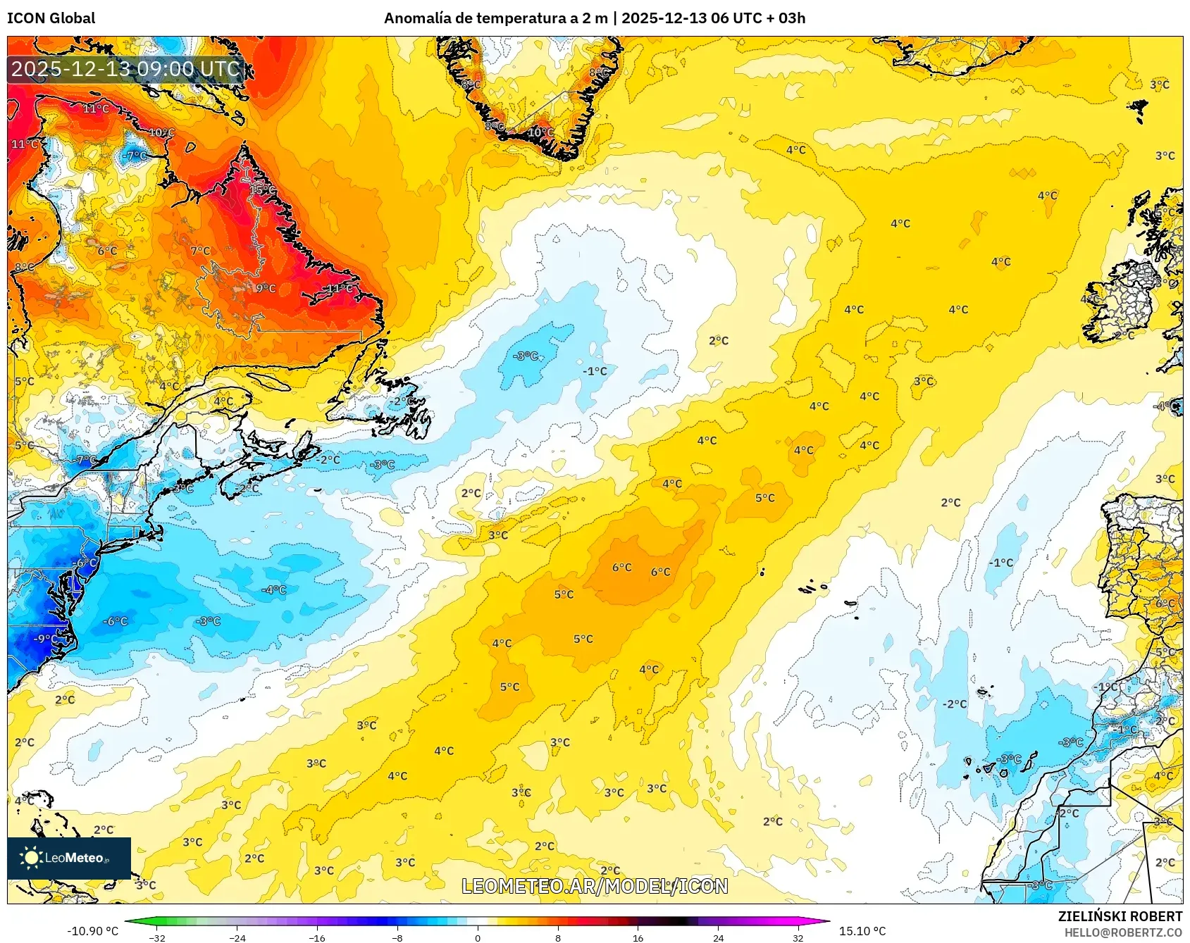 ICON model - Norte Atlántico, Anomalía de temperatura a 2 m