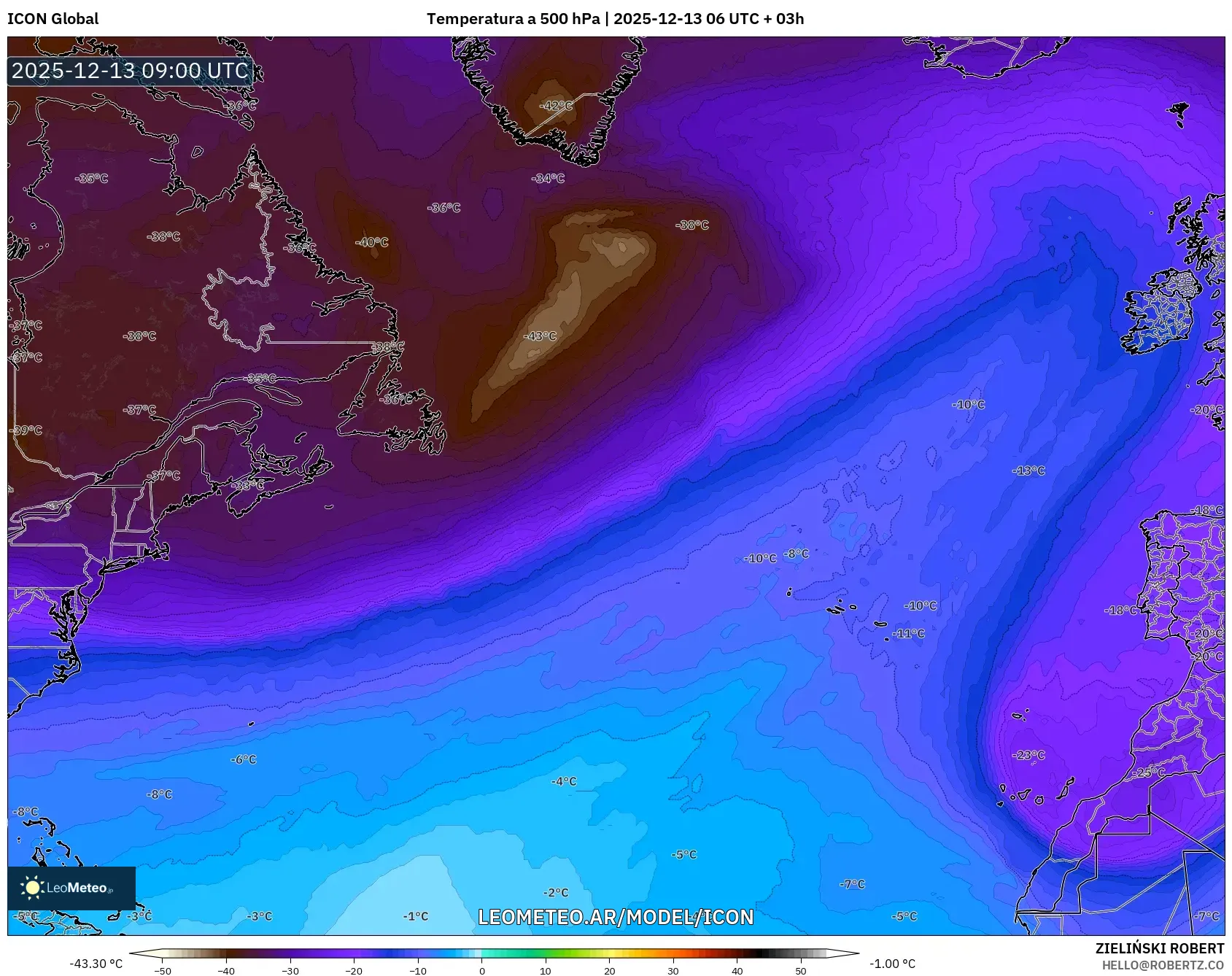 ICON model - Norte Atlántico, Temperatura a 500 hPa