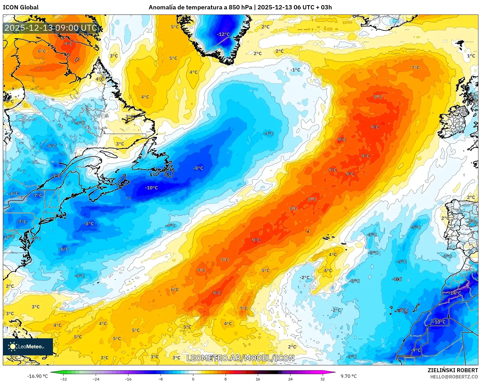 ICON model - Norte Atlántico, Anomalía de temperatura a 850 hPa