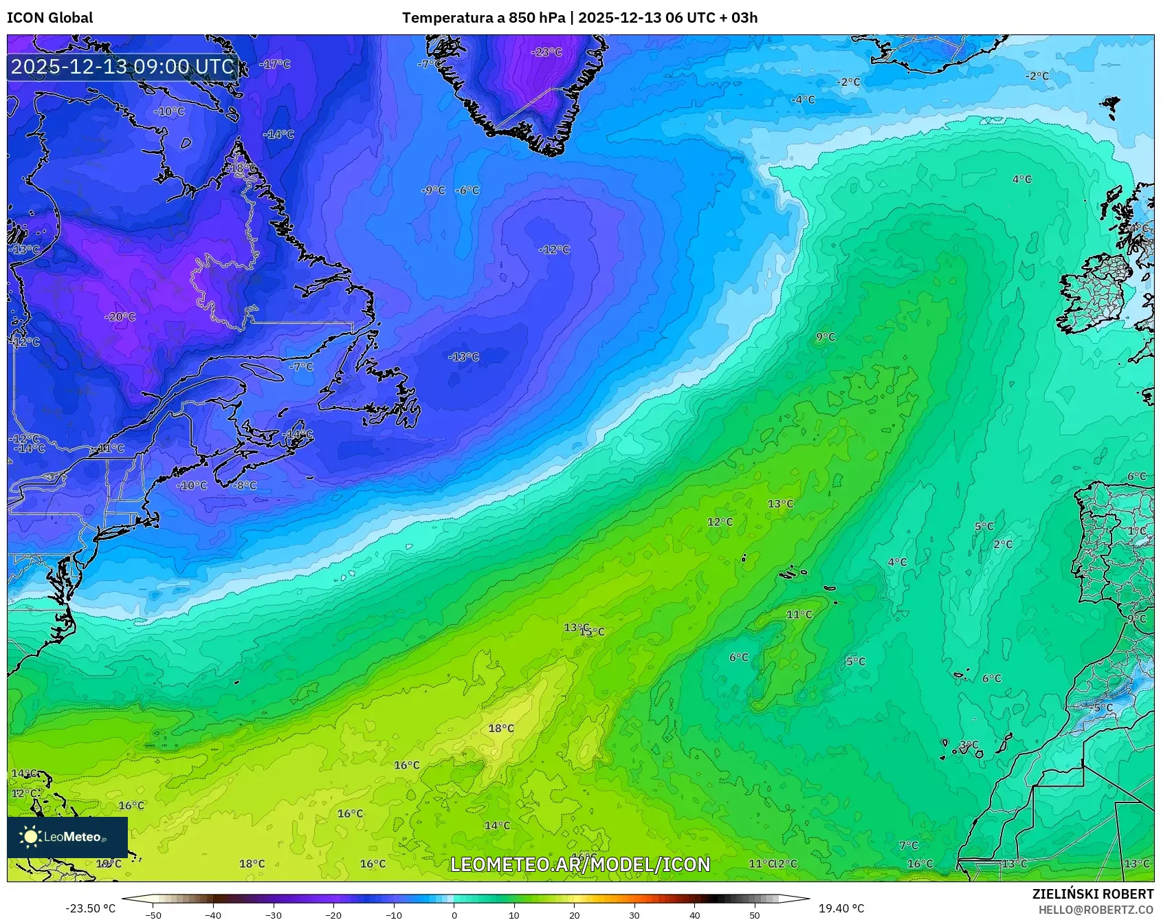 ICON model - Norte Atlántico, Temperatura a 850 hPa