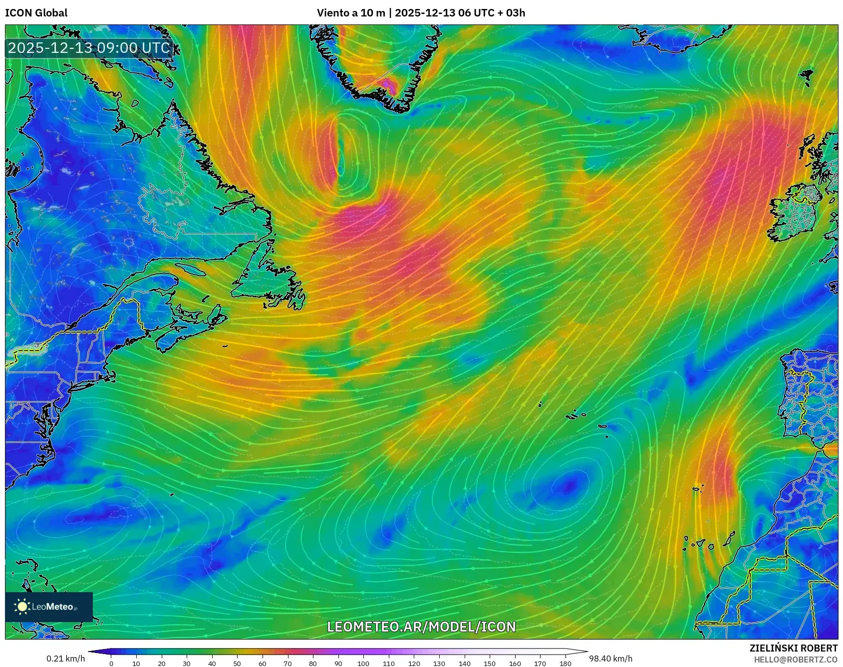 ICON model - Norte Atlántico, Viento a 10 m