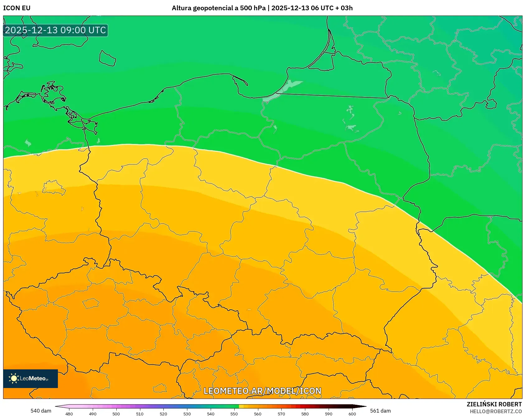 ICON model - Polonia, Altura geopotencial a 500 hPa