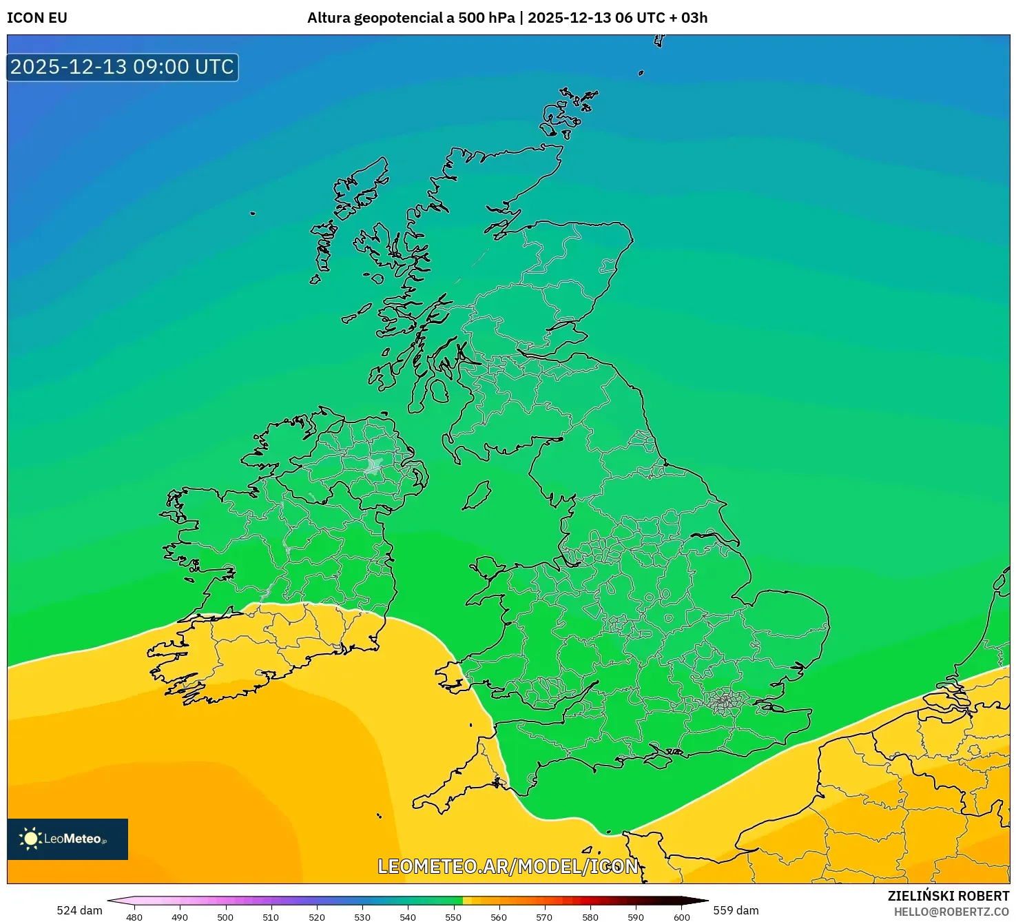 ICON model - Reino Unido, Altura geopotencial a 500 hPa