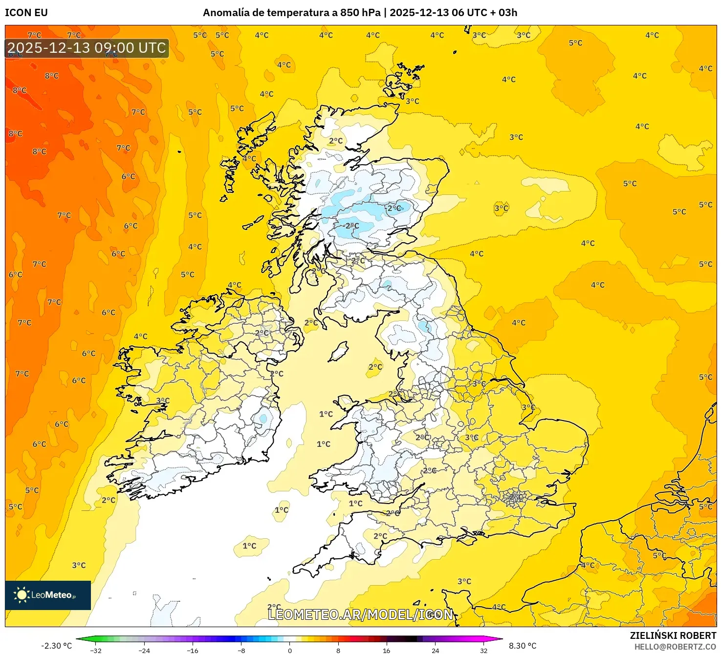 ICON model - Reino Unido, Anomalía de temperatura a 850 hPa