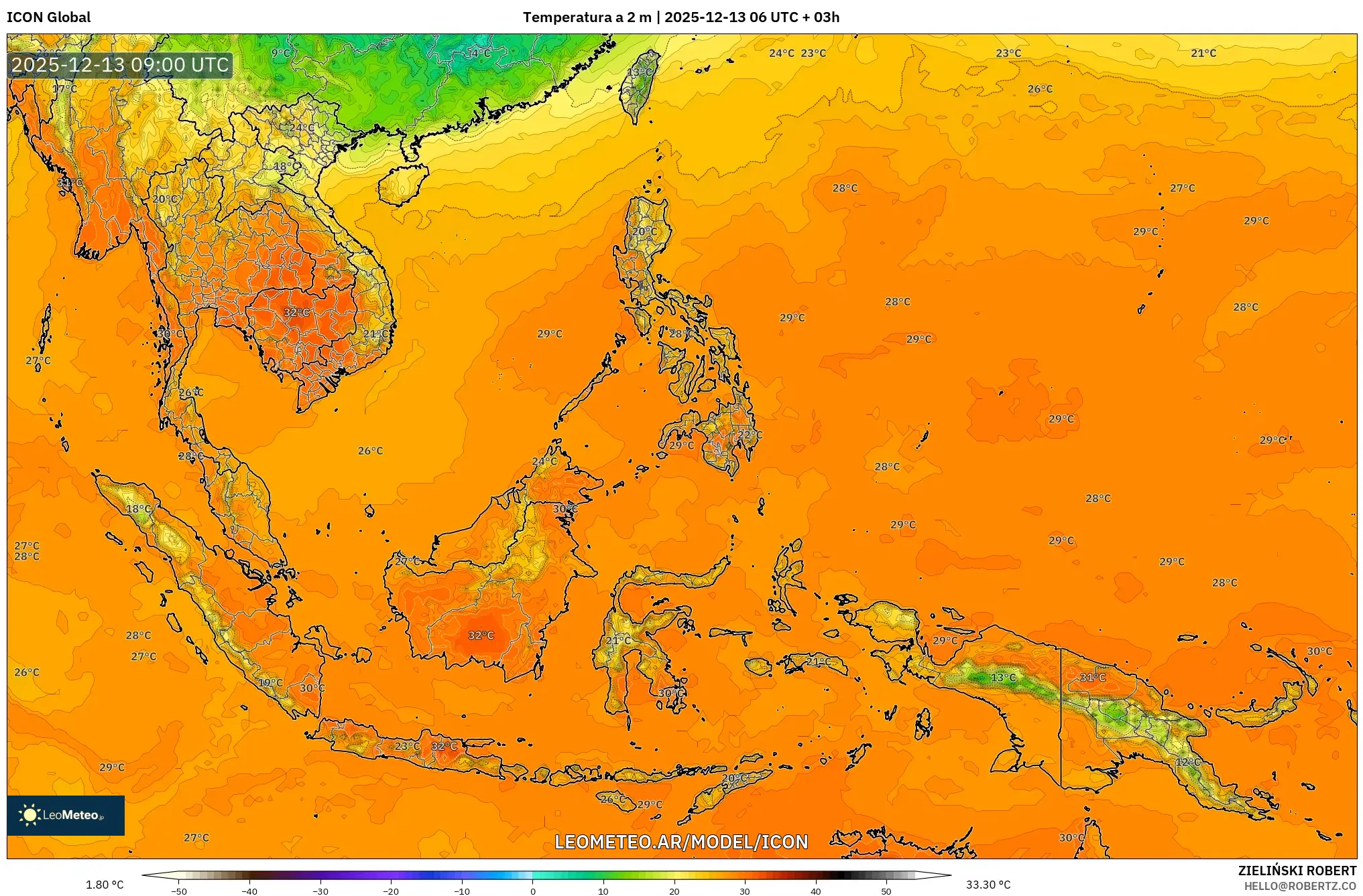 ICON model - Sudeste Asiático, Temperatura a 2 m