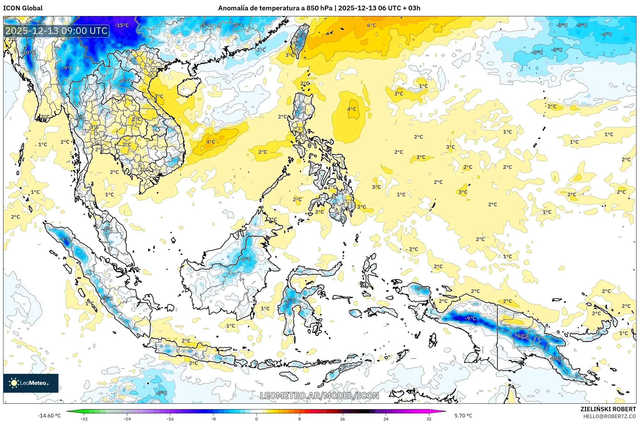 ICON model - Sudeste Asiático, Anomalía de temperatura a 850 hPa