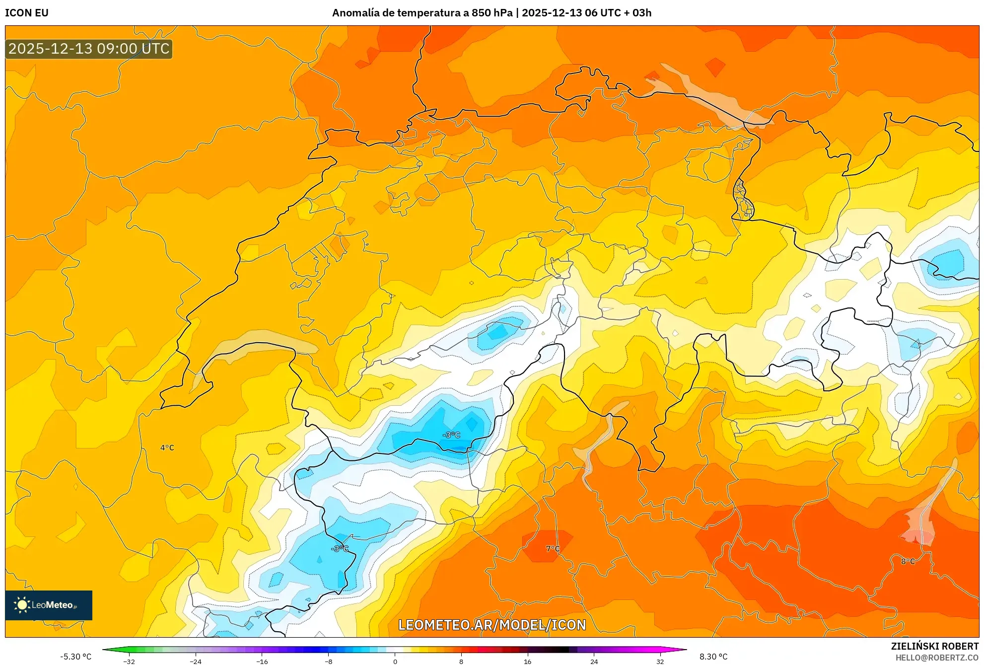 ICON model - Suiza, Anomalía de temperatura a 850 hPa