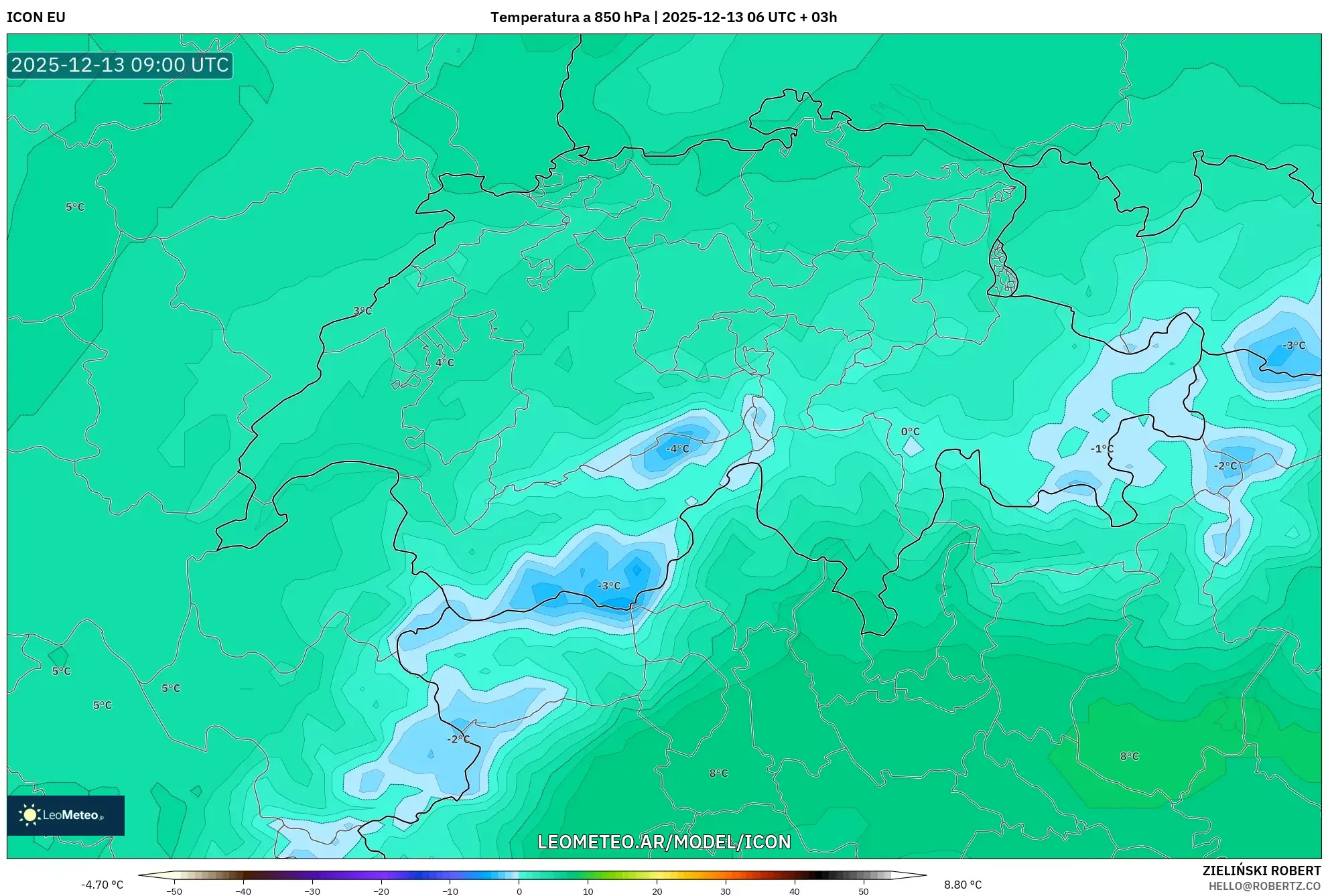 ICON model - Suiza, Temperatura a 850 hPa