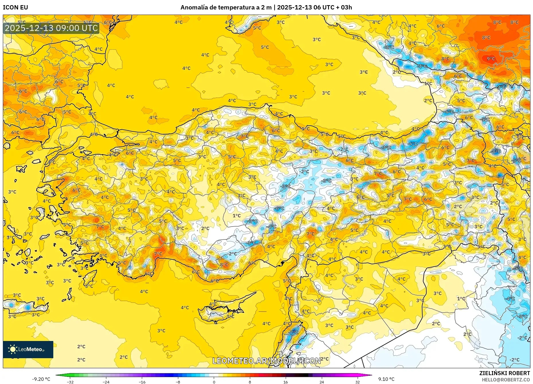 ICON model - Turquía, Anomalía de temperatura a 2 m