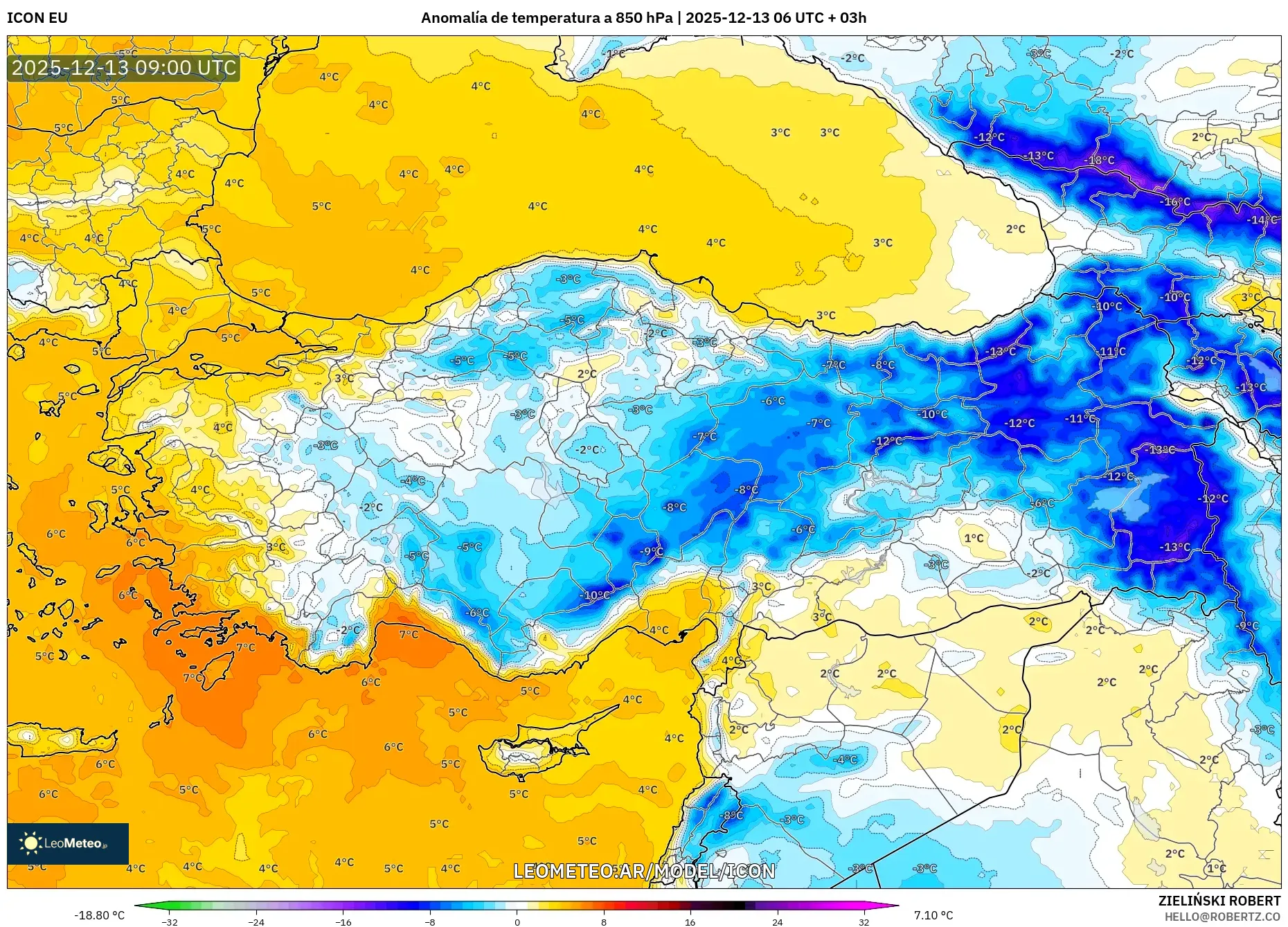 ICON model - Turquía, Anomalía de temperatura a 850 hPa
