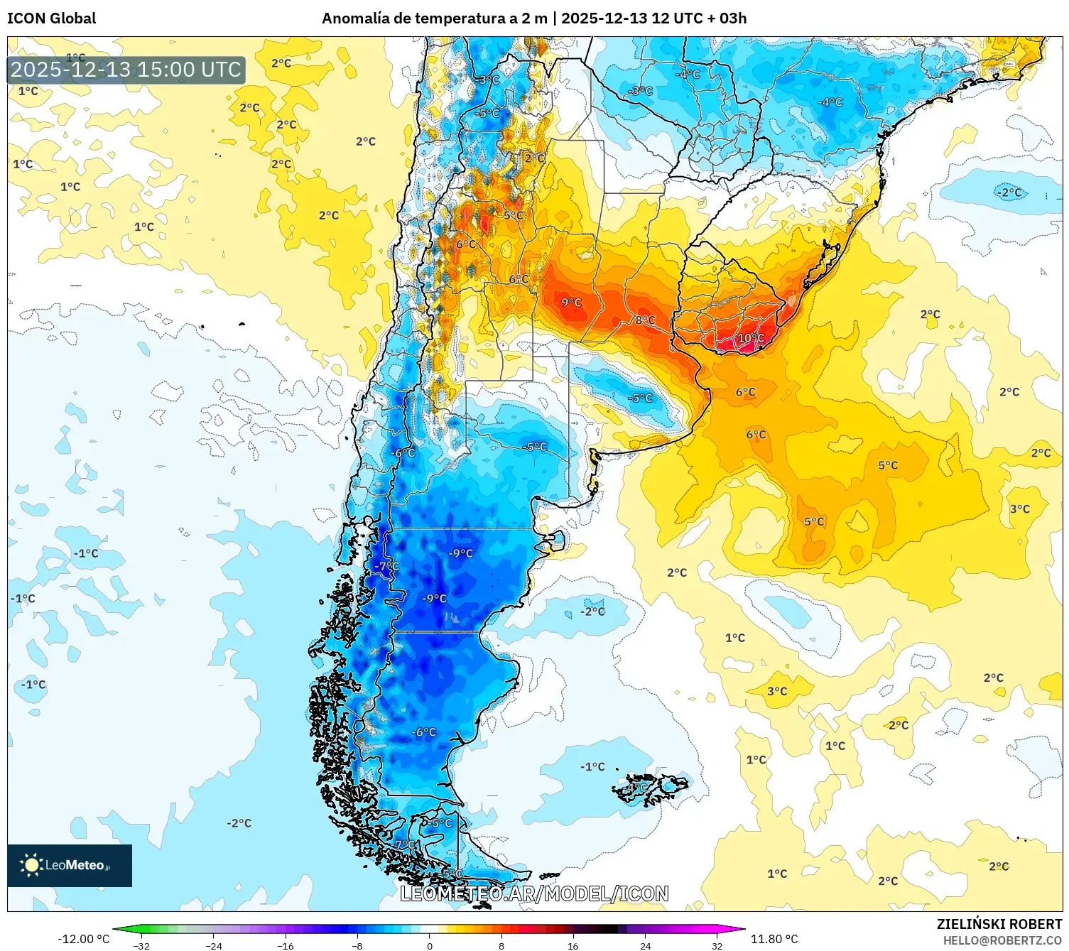 ICON model - Argentina, Anomalía de temperatura a 2 m