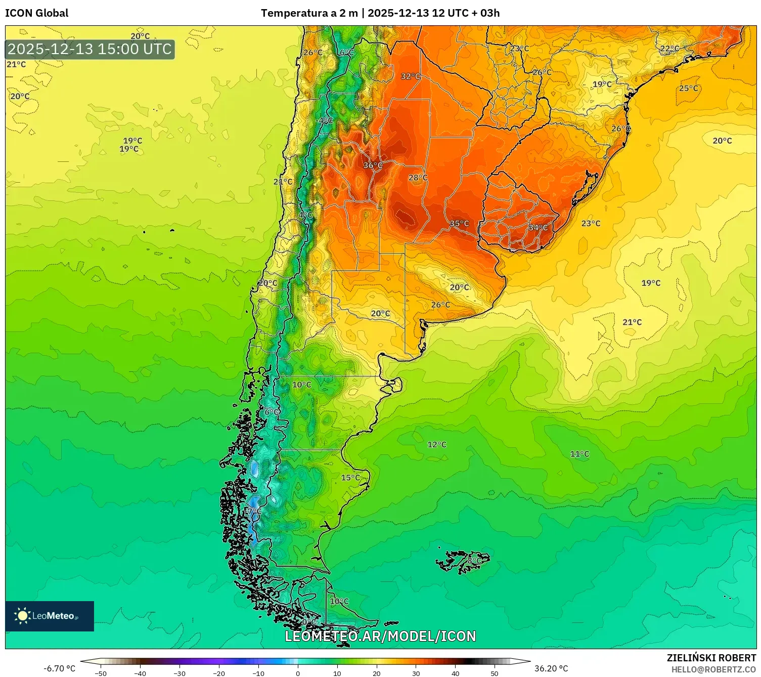 ICON model - Argentina, Temperatura a 2 m