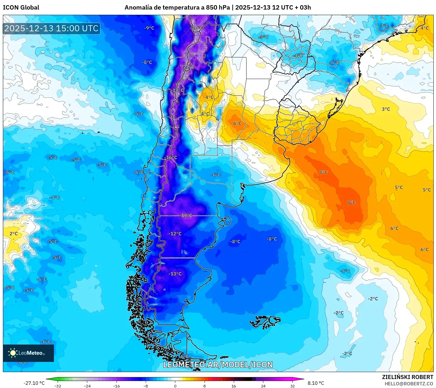 ICON model - Argentina, Anomalía de temperatura a 850 hPa