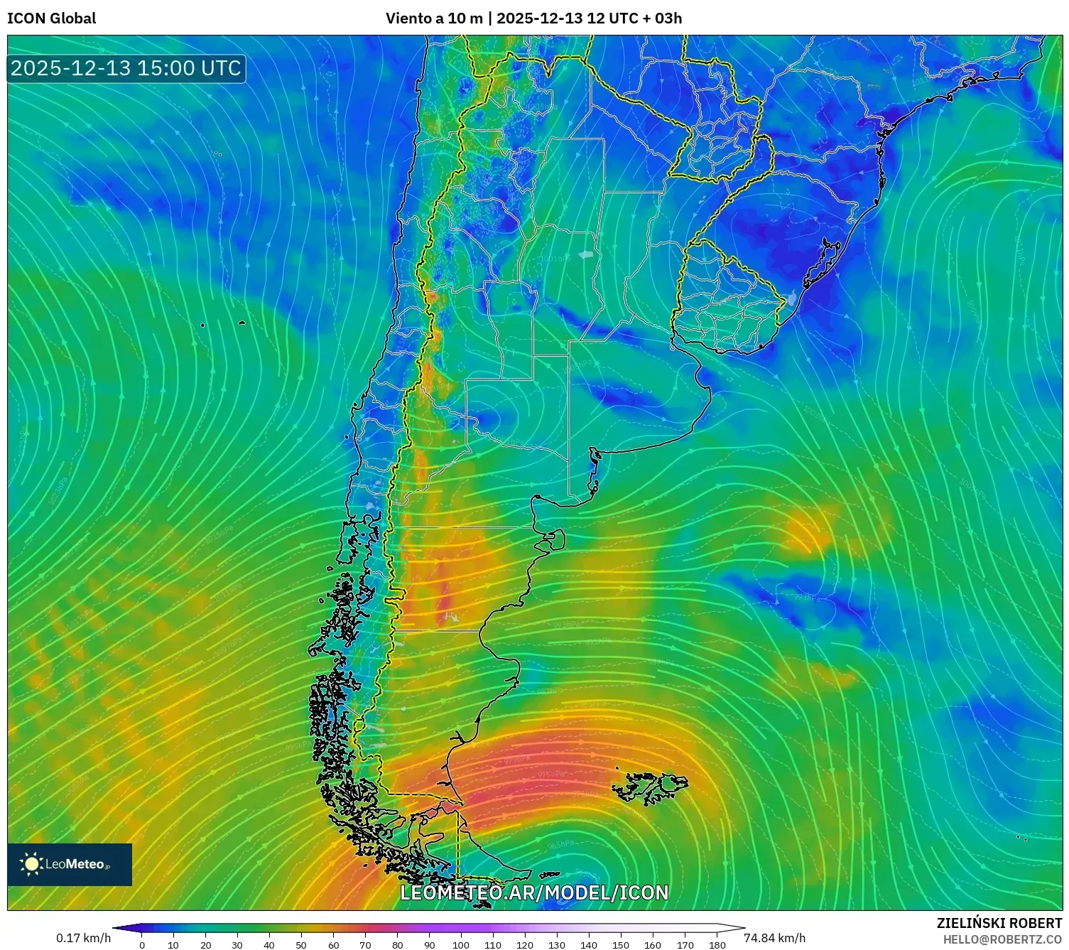 ICON model - Argentina, Viento a 10 m