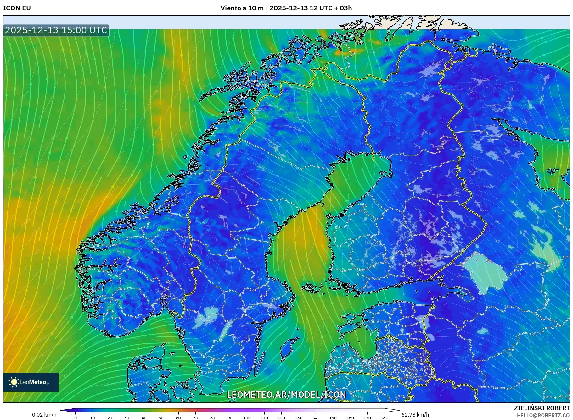 ICON model - Escandinavia, Viento a 10 m
