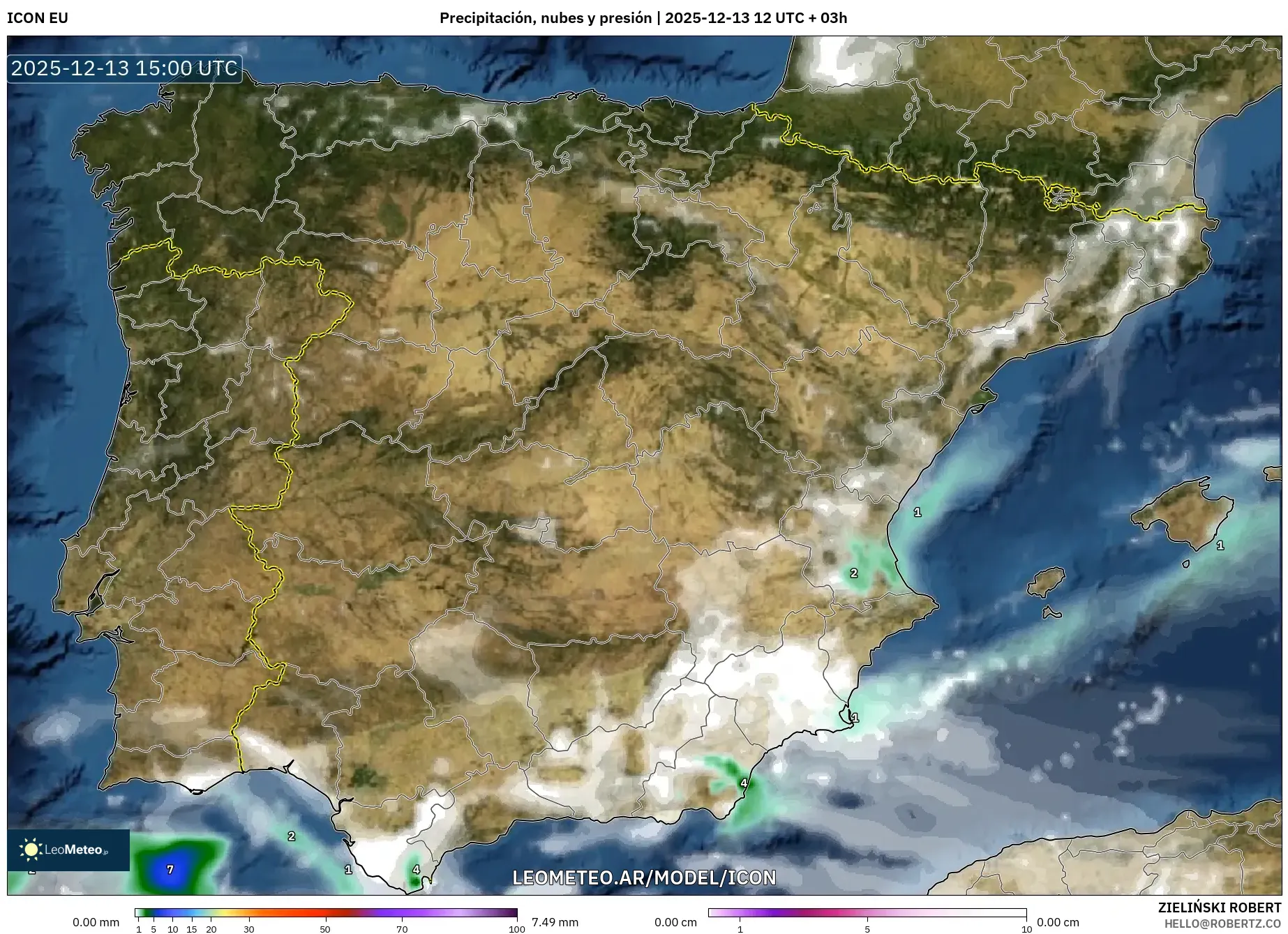 ICON model - España, Precipitación, nubes y presión