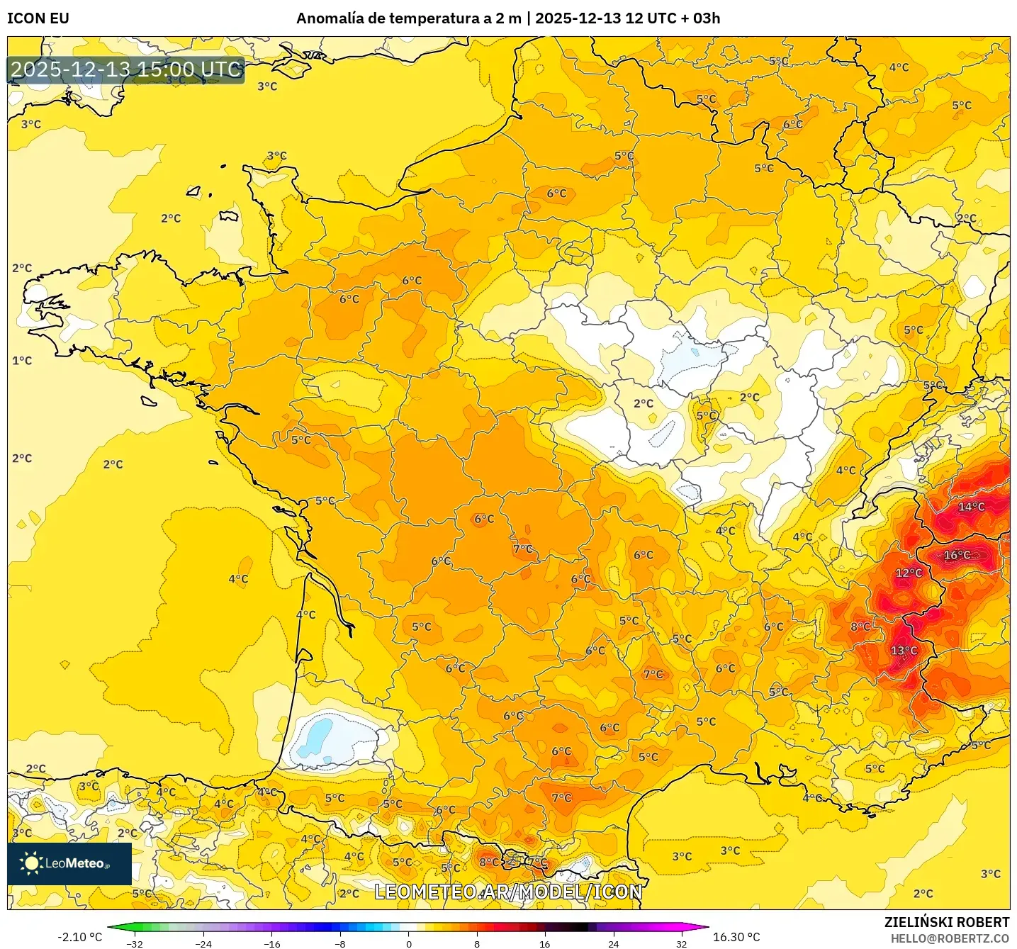 ICON model - Francia, Anomalía de temperatura a 2 m