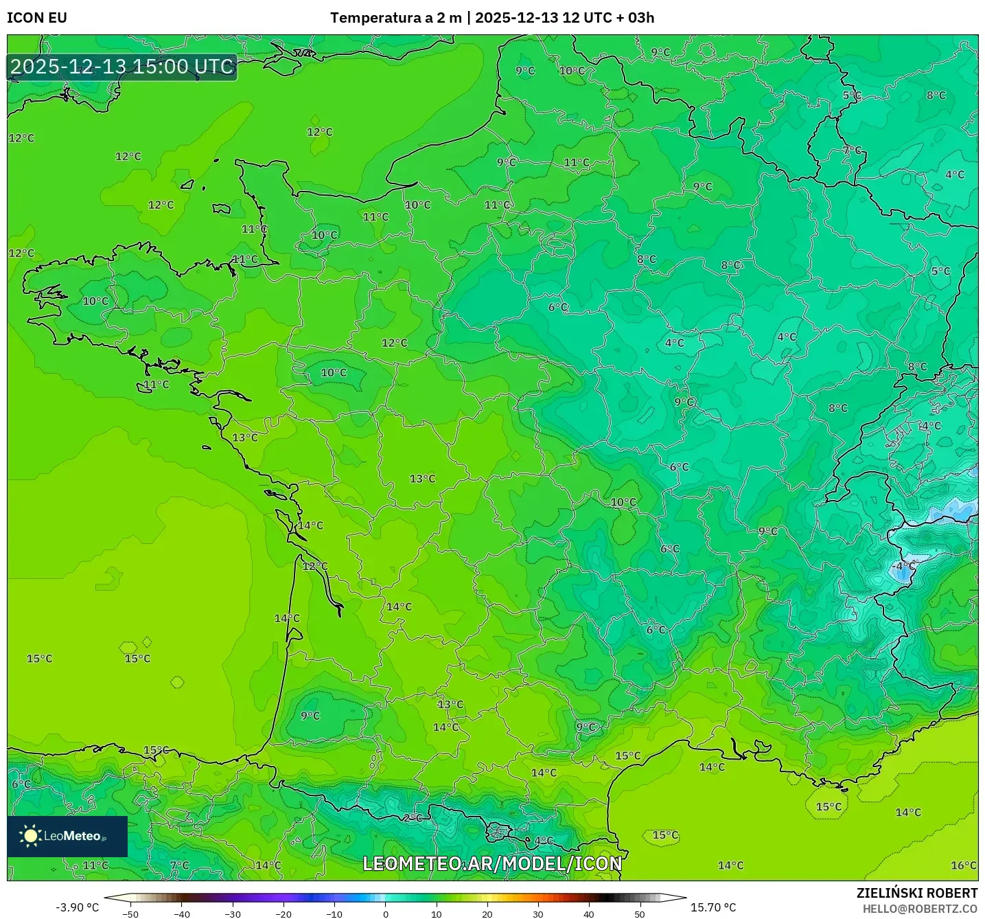 ICON model - Francia, Temperatura a 2 m