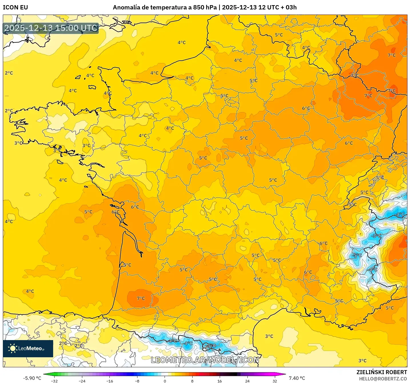 ICON model - Francia, Anomalía de temperatura a 850 hPa