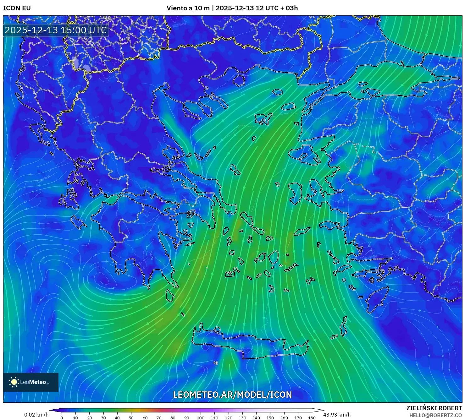 ICON model - Grecia, Viento a 10 m