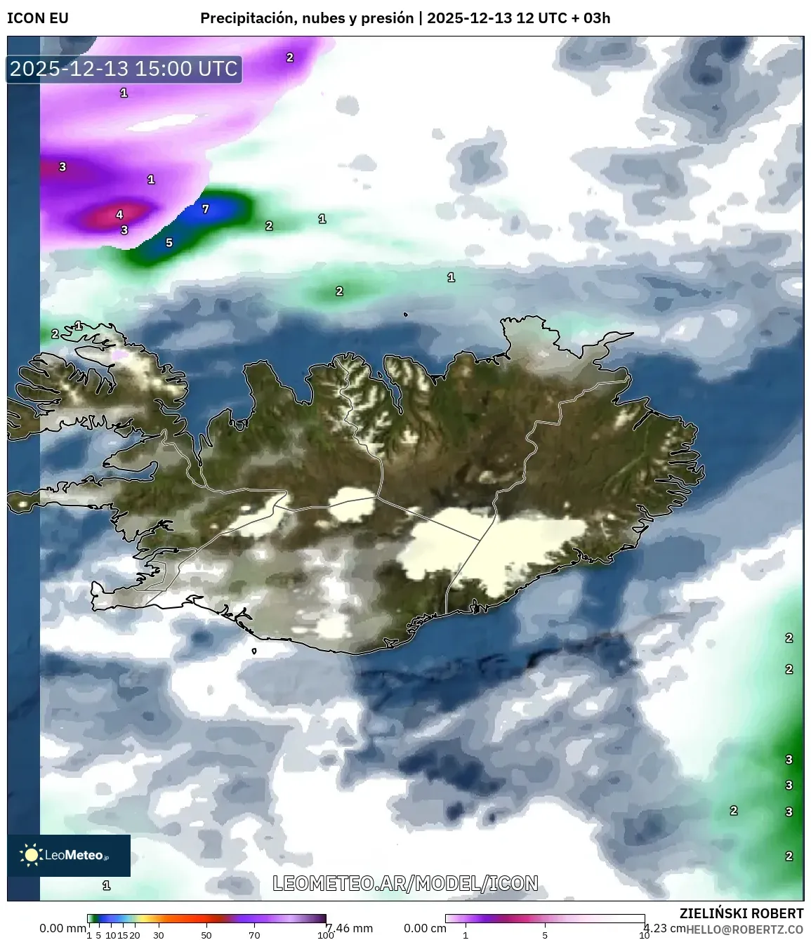 ICON model - Islandia, Precipitación, nubes y presión