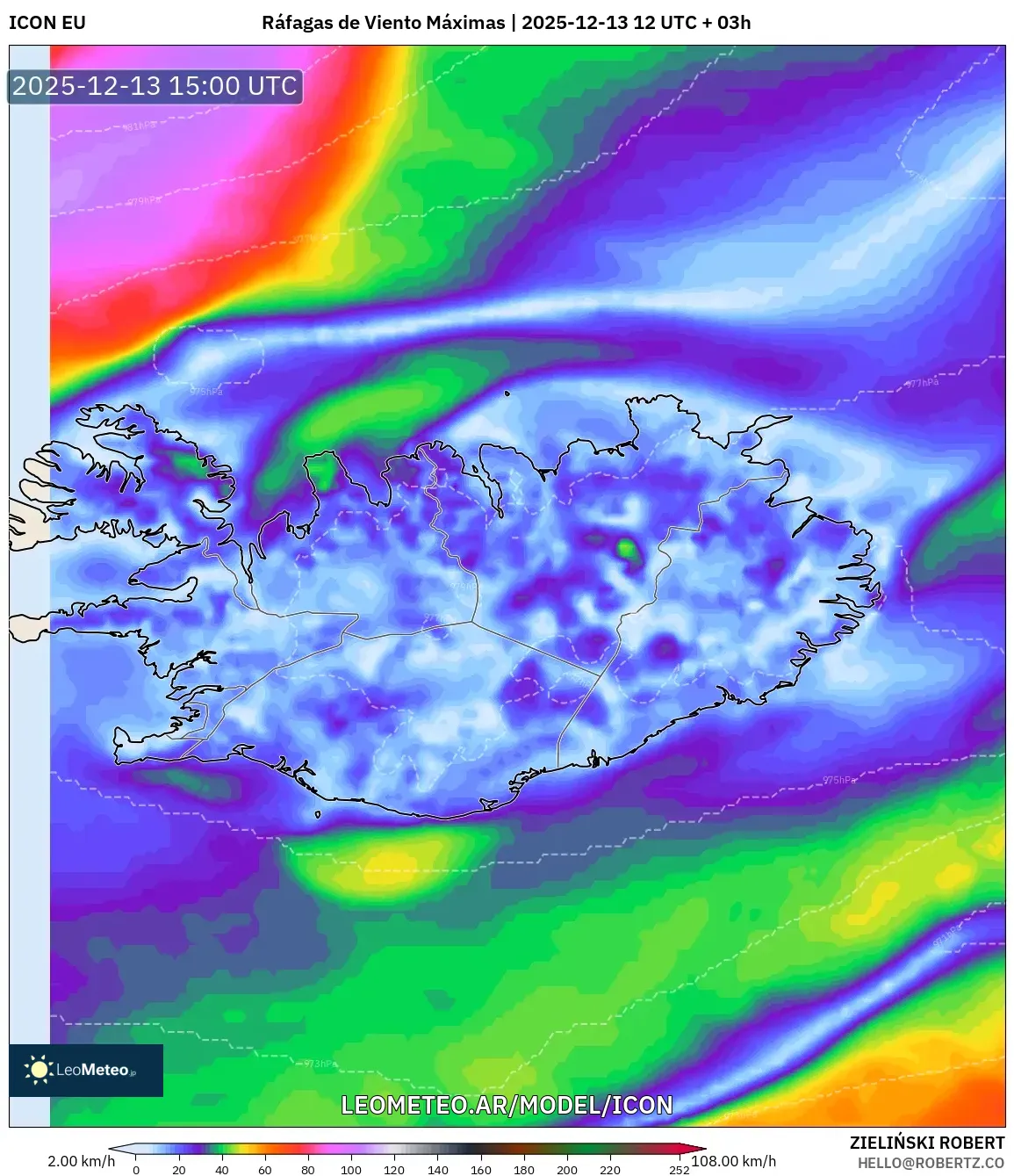 ICON model - Islandia, Ráfagas de Viento Máximas