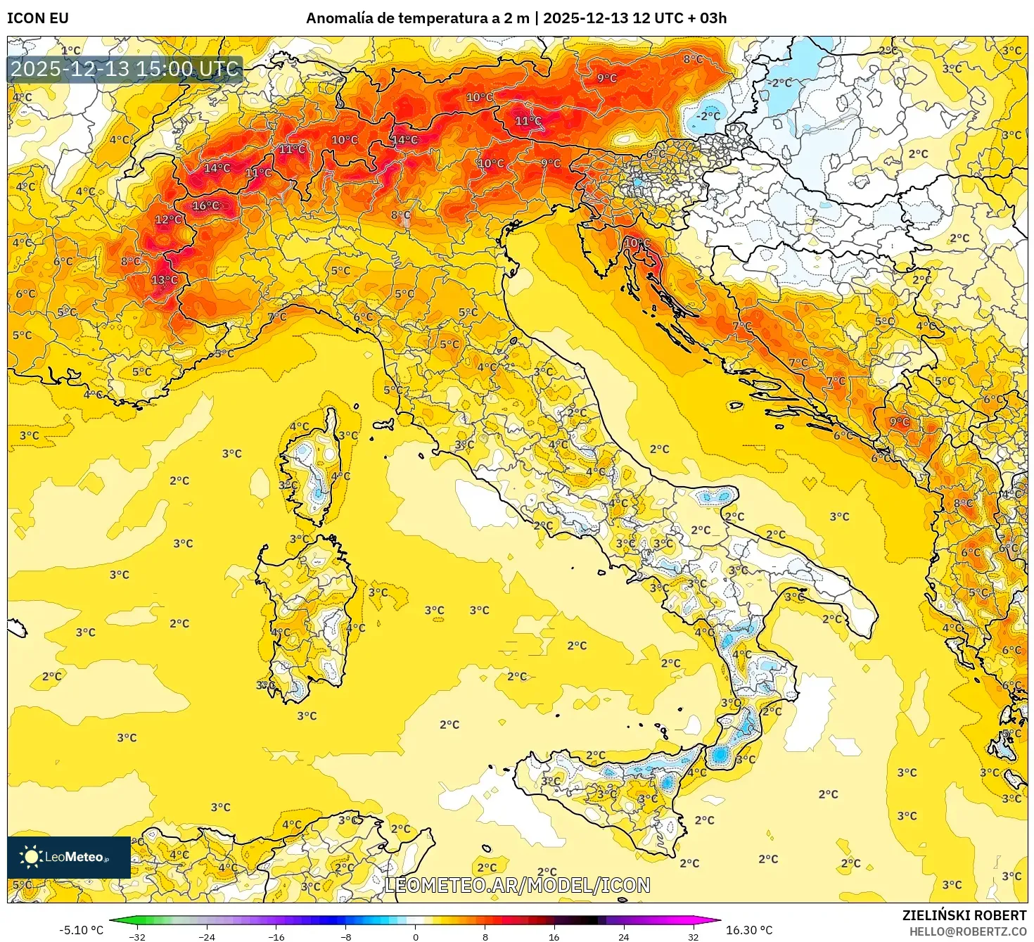 ICON model - Italia, Anomalía de temperatura a 2 m