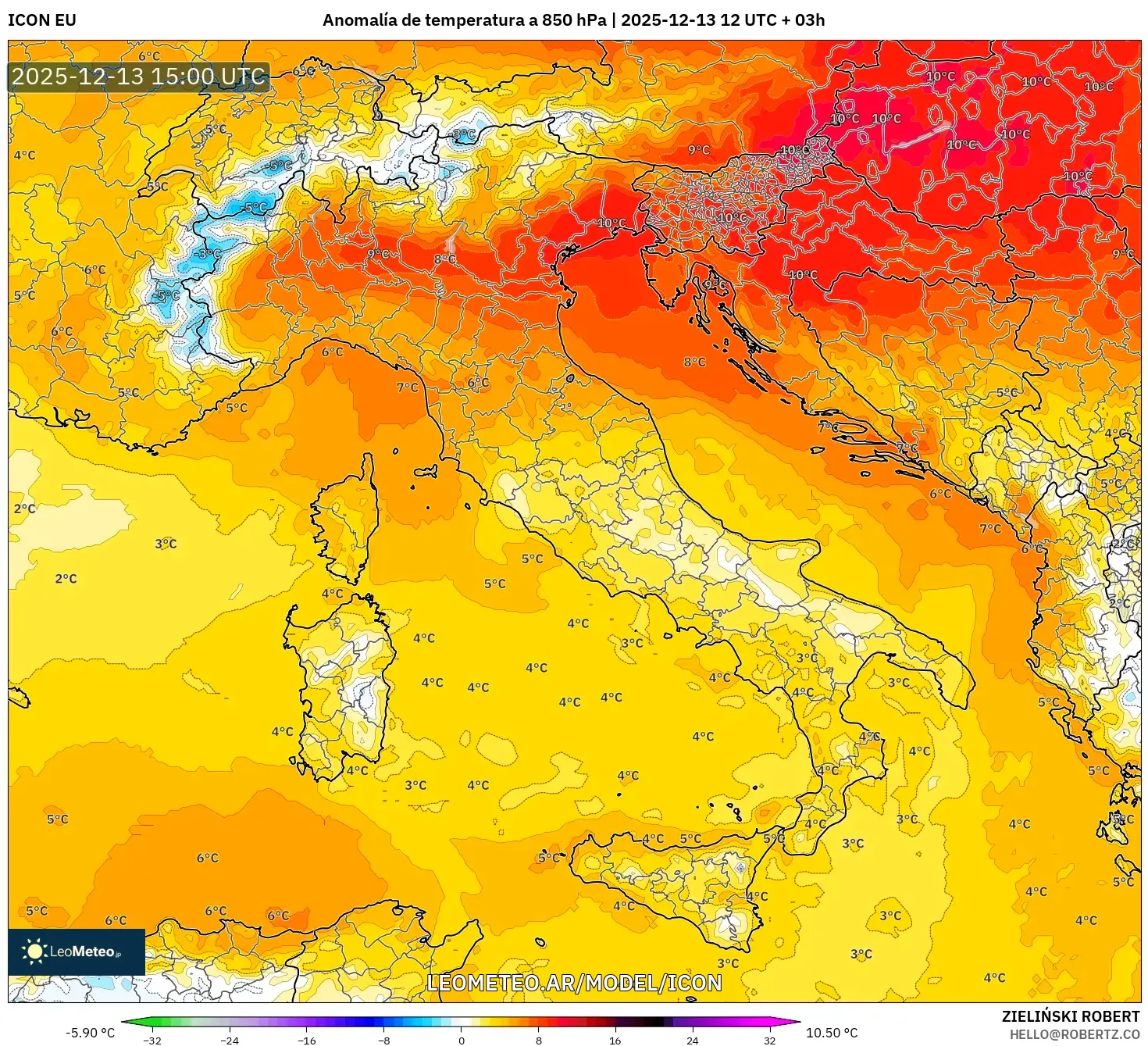 ICON model - Italia, Anomalía de temperatura a 850 hPa
