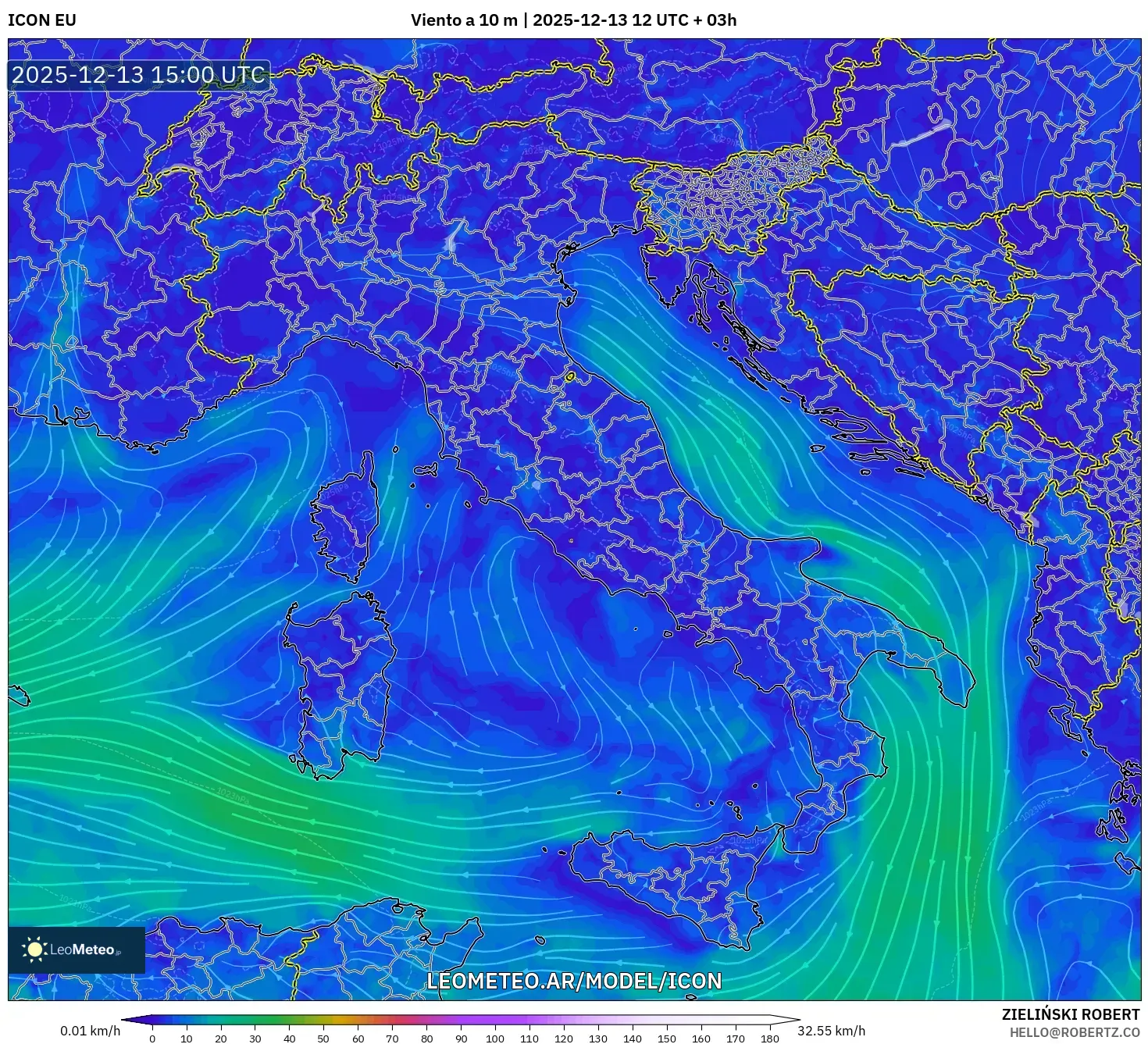ICON model - Italia, Viento a 10 m