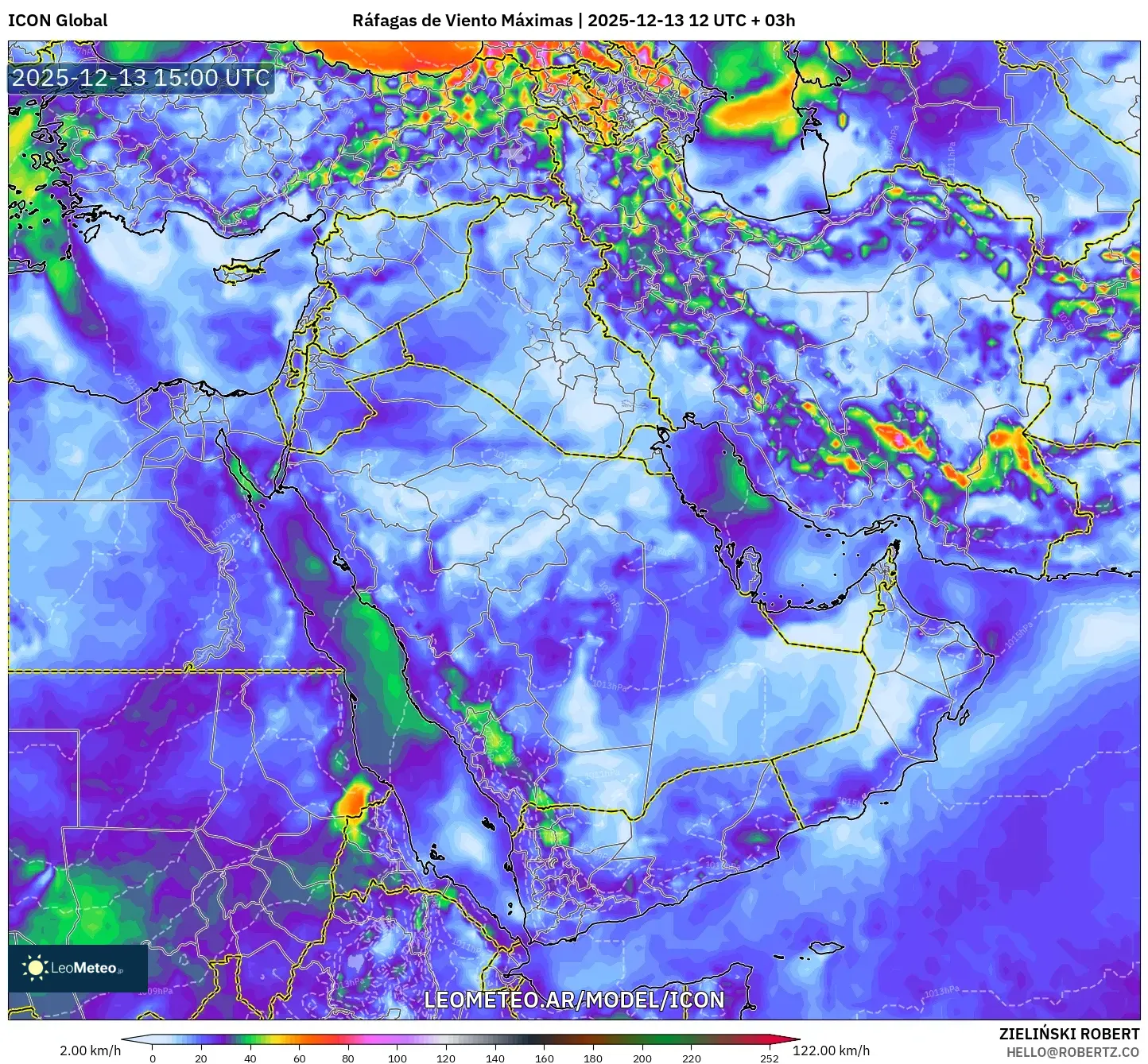 ICON model - Oriente Medio, Ráfagas de Viento Máximas