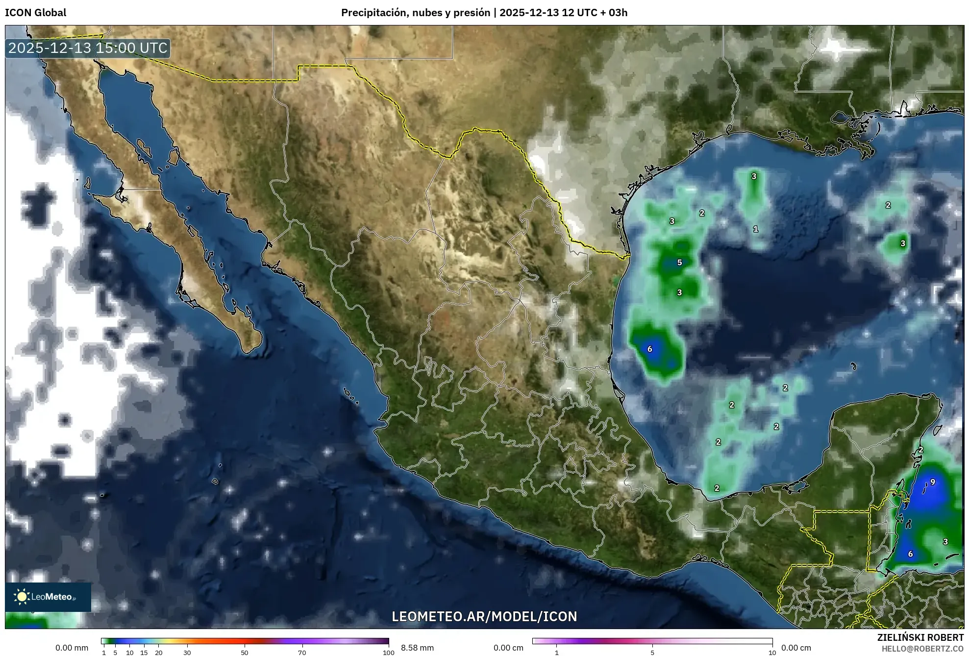 ICON model - México, Precipitación, nubes y presión