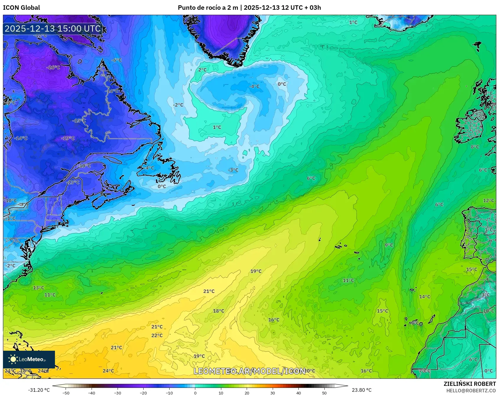ICON model - Norte Atlántico, Punto de rocío a 2 m