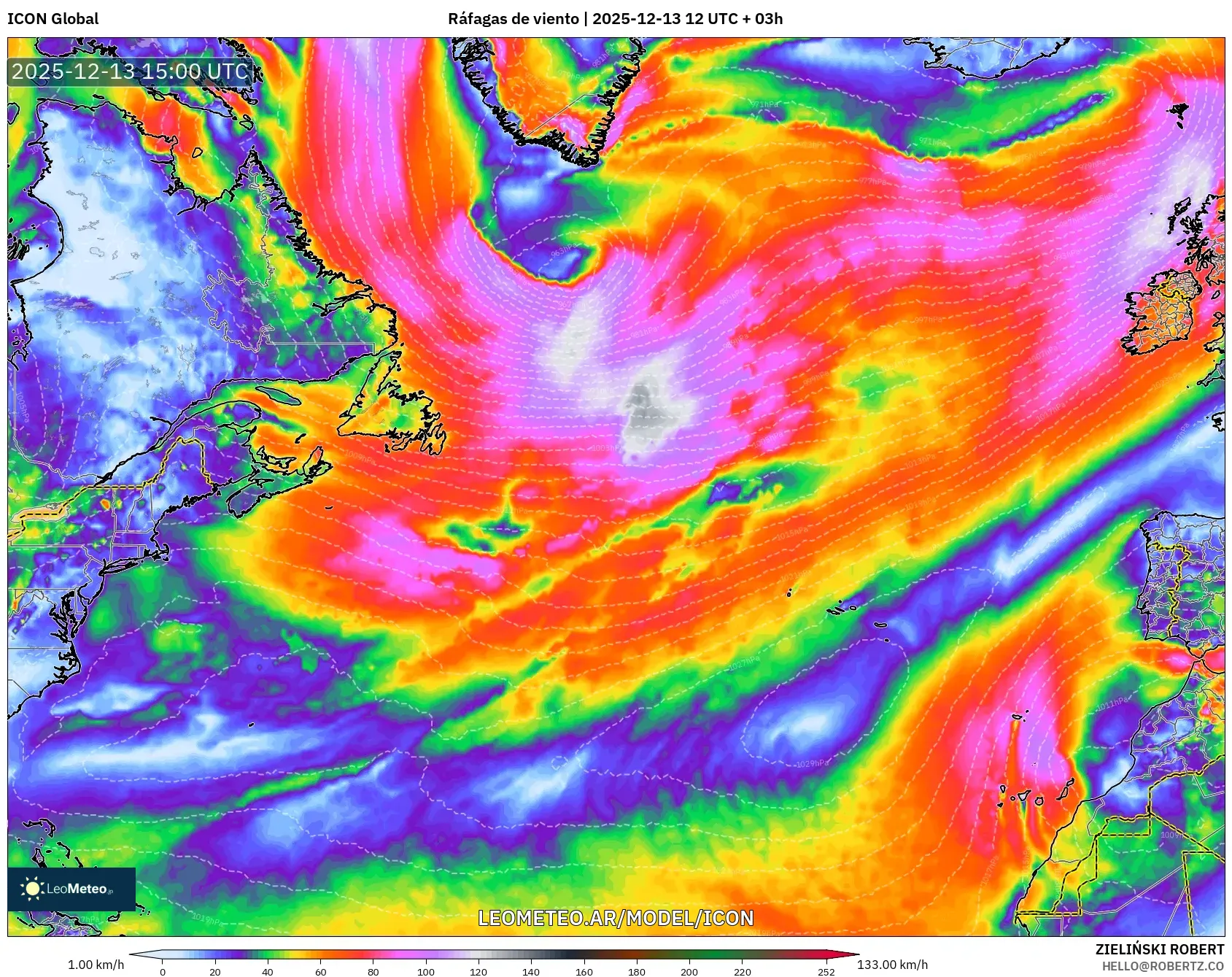 ICON model - Norte Atlántico, Ráfagas de viento