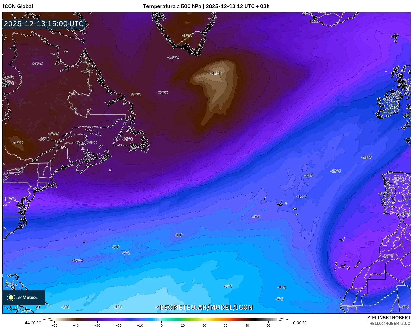 ICON model - Norte Atlántico, Temperatura a 500 hPa