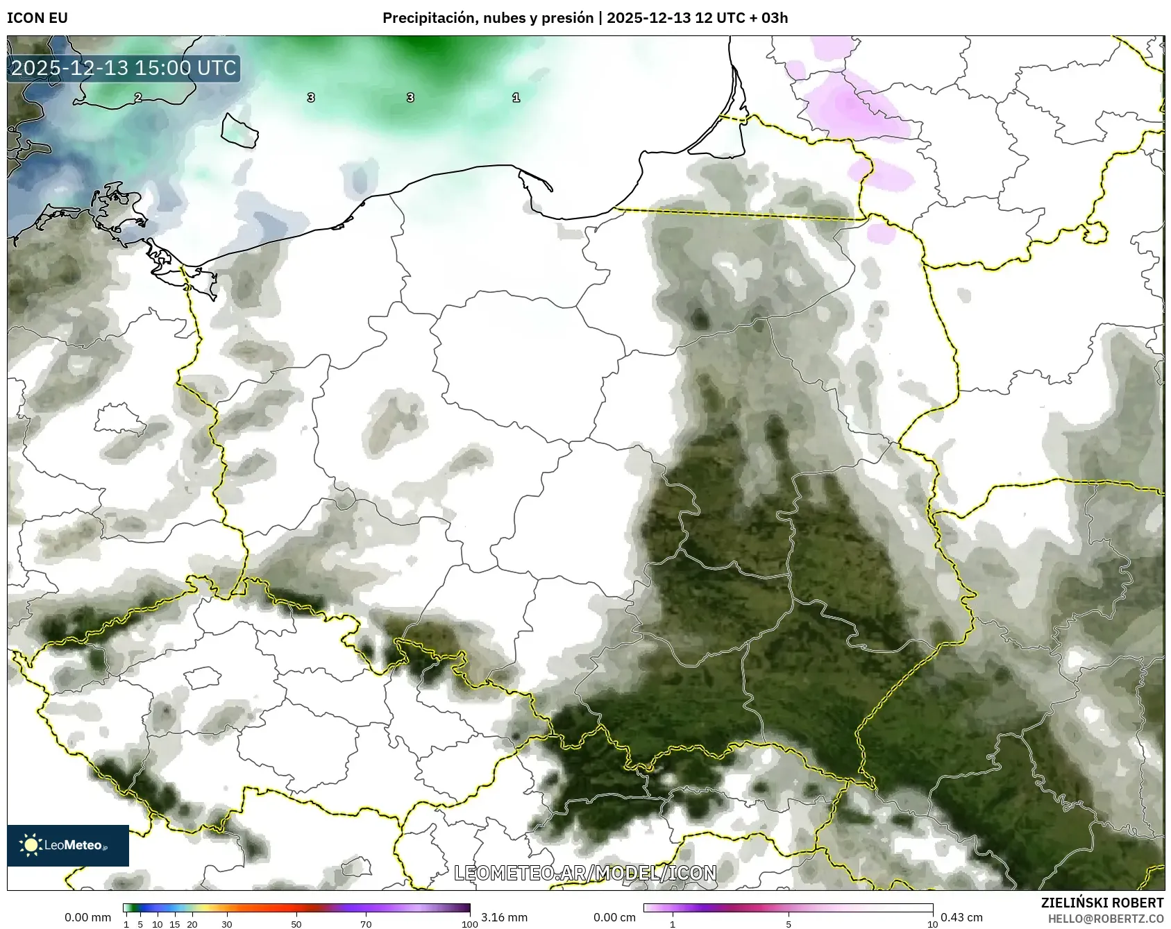 ICON model - Polonia, Precipitación, nubes y presión