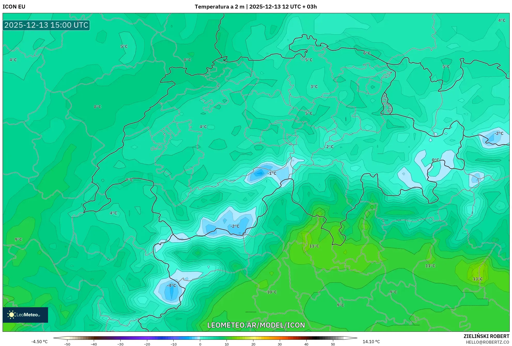 ICON model - Suiza, Temperatura a 2 m