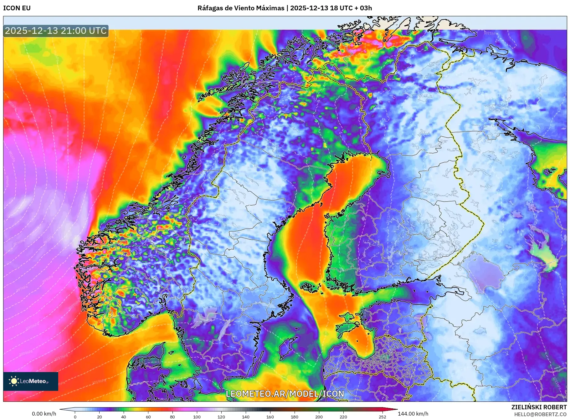 ICON model - Escandinavia, Ráfagas de Viento Máximas