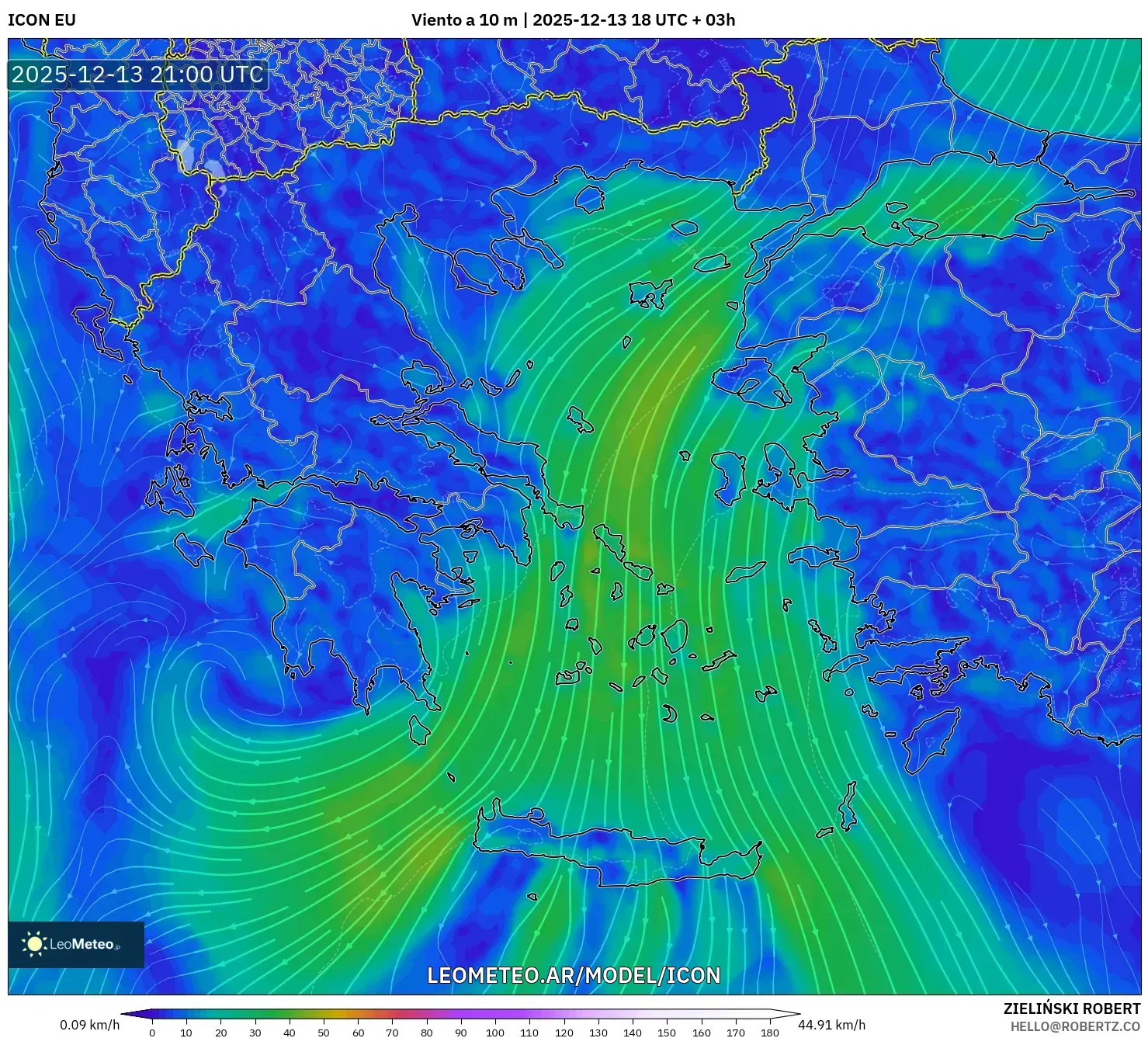 ICON model - Grecia, Viento a 10 m