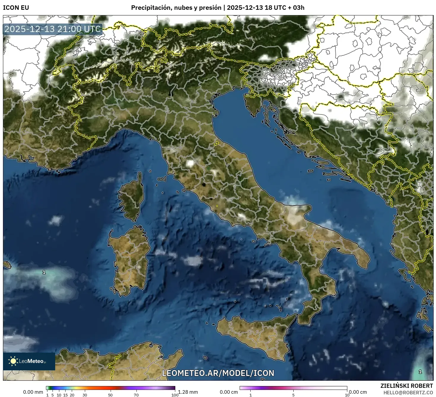 ICON model - Italia, Precipitación, nubes y presión