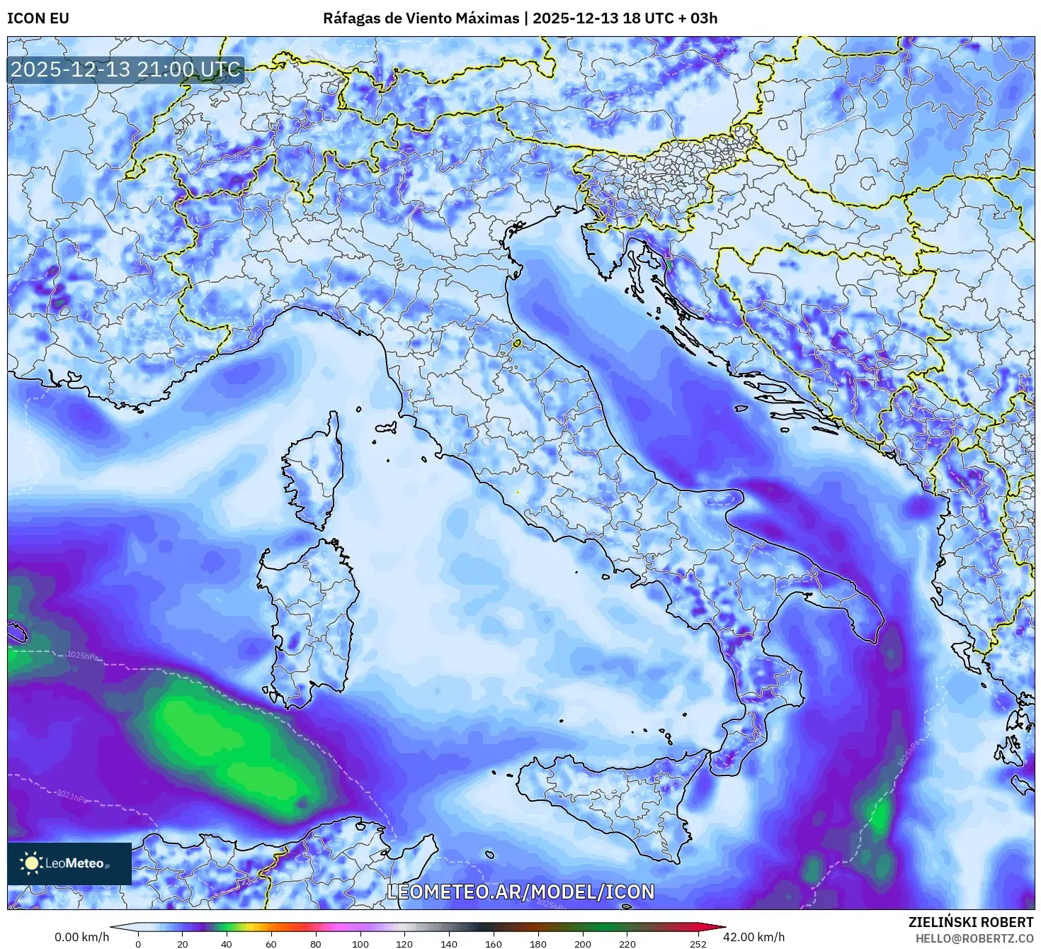 ICON model - Italia, Ráfagas de Viento Máximas