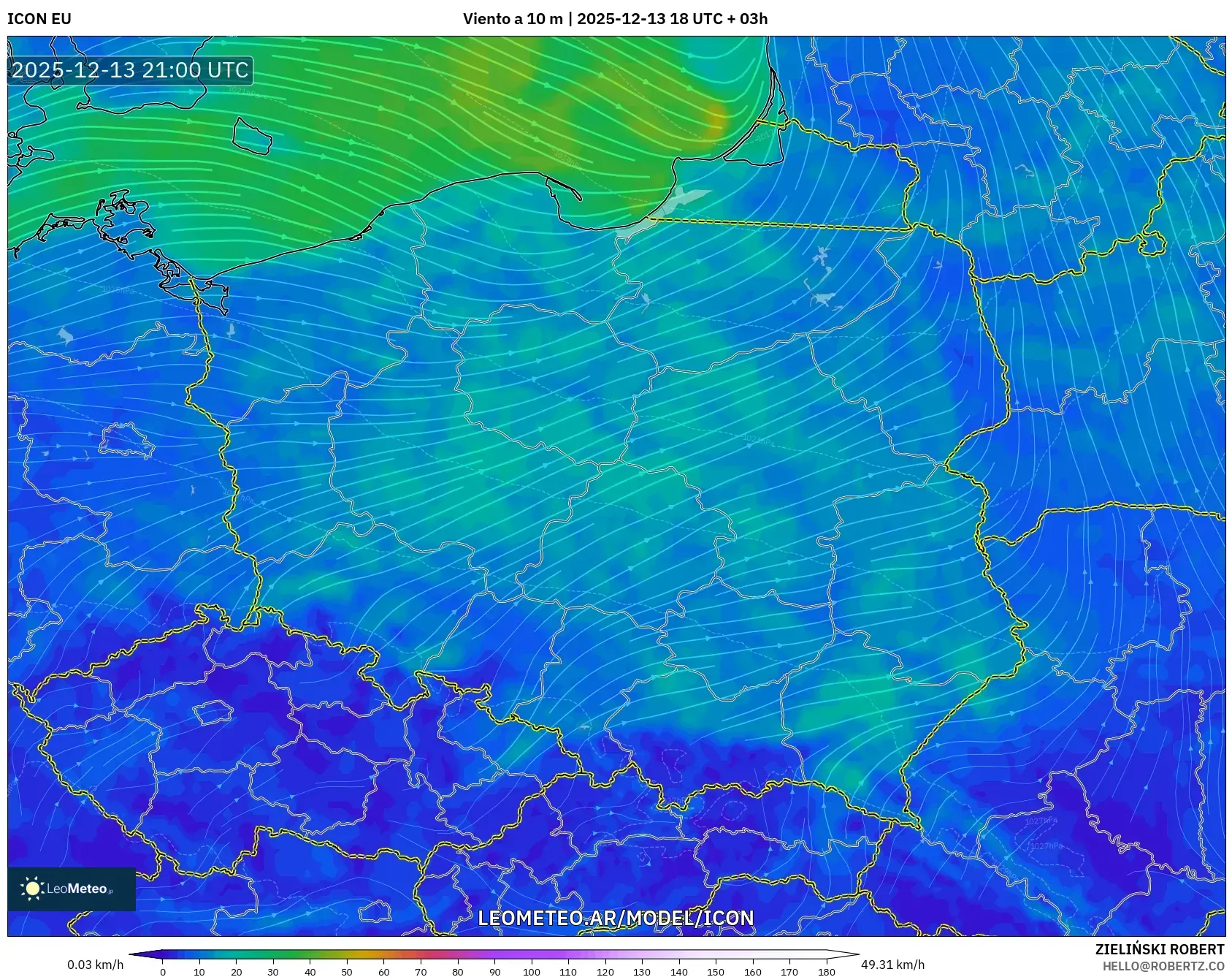 ICON model - Polonia, Viento a 10 m