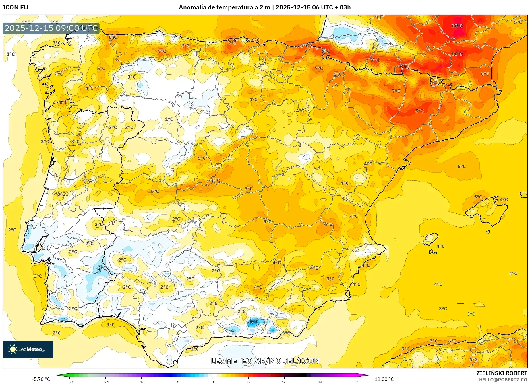 ICON model - España, Anomalía de temperatura a 2 m