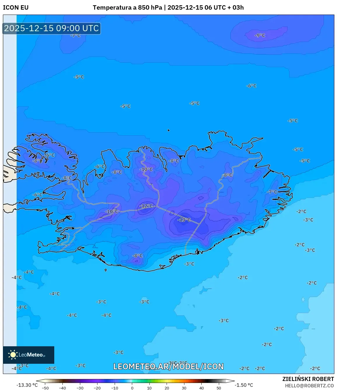 ICON model - Islandia, Temperatura a 850 hPa