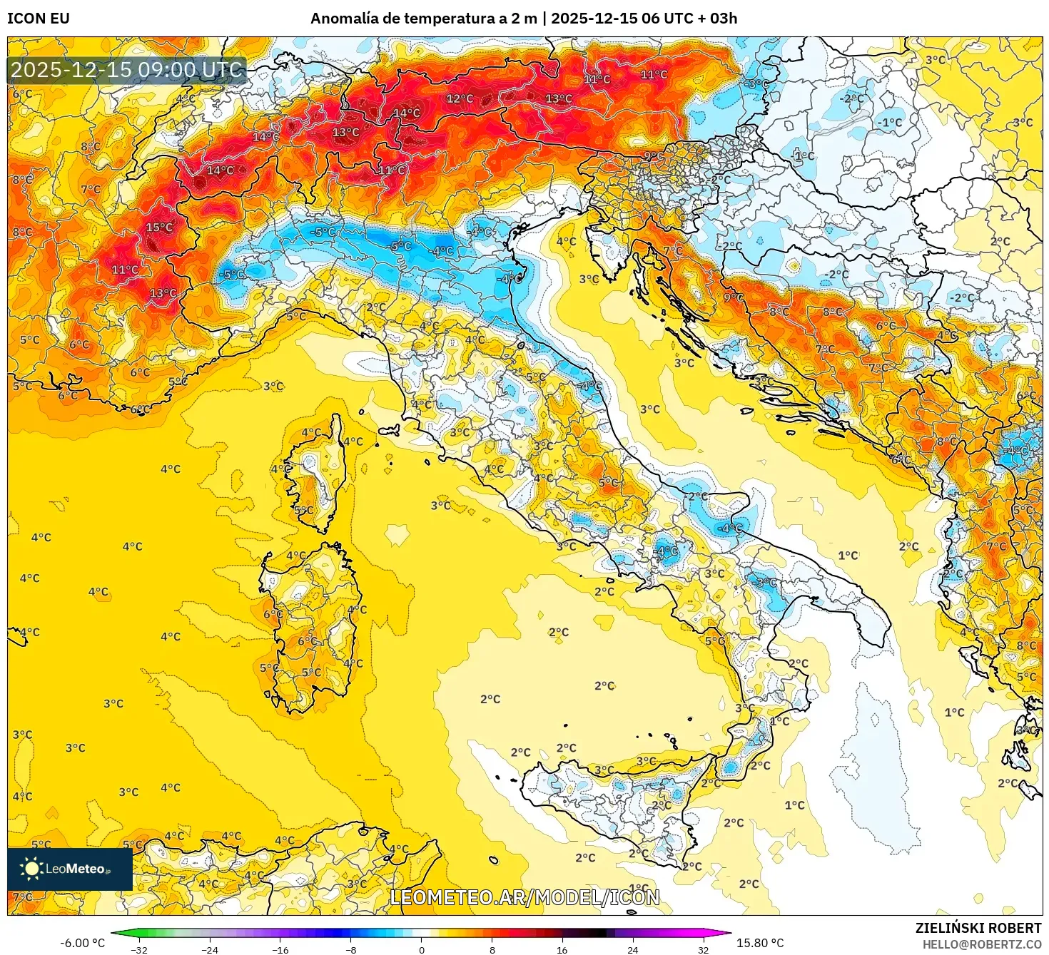 ICON model - Italia, Anomalía de temperatura a 2 m