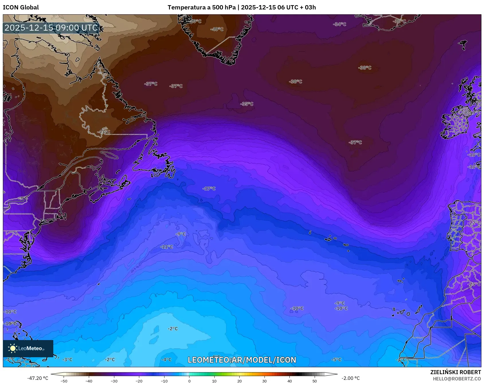 ICON model - Norte Atlántico, Temperatura a 500 hPa