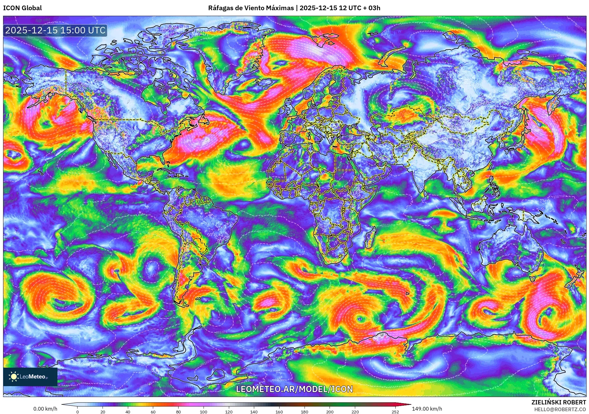ICON model - Mundo, Ráfagas de Viento Máximas