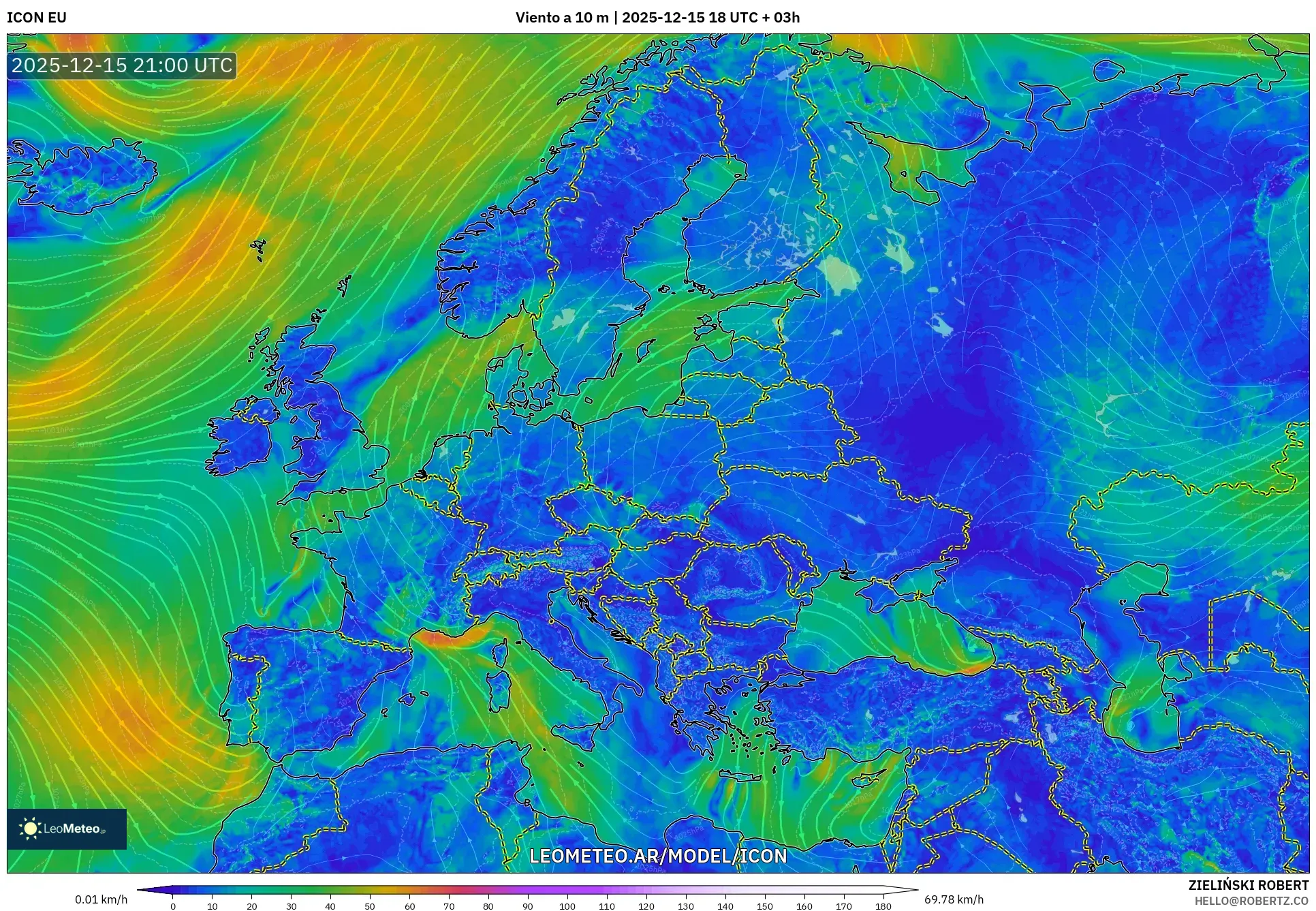 ICON model - Europa, Viento a 10 m