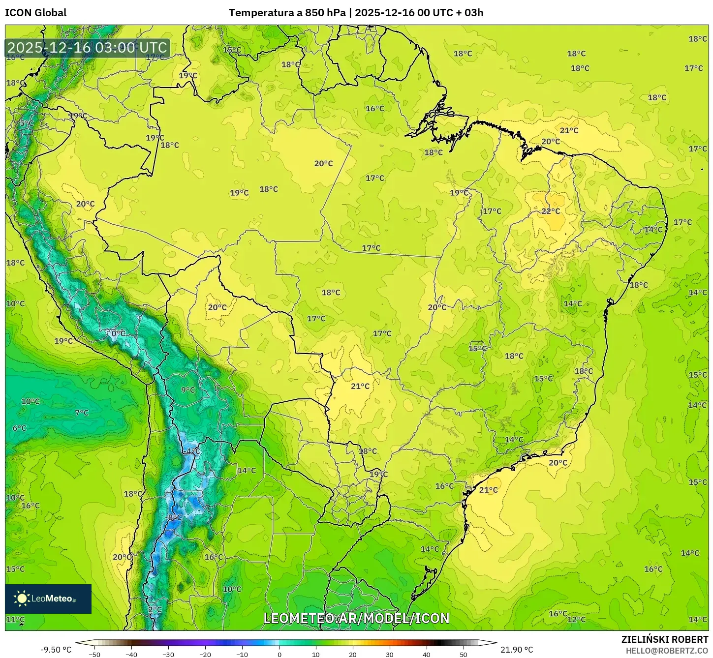 ICON model - Brasil, Temperatura a 850 hPa